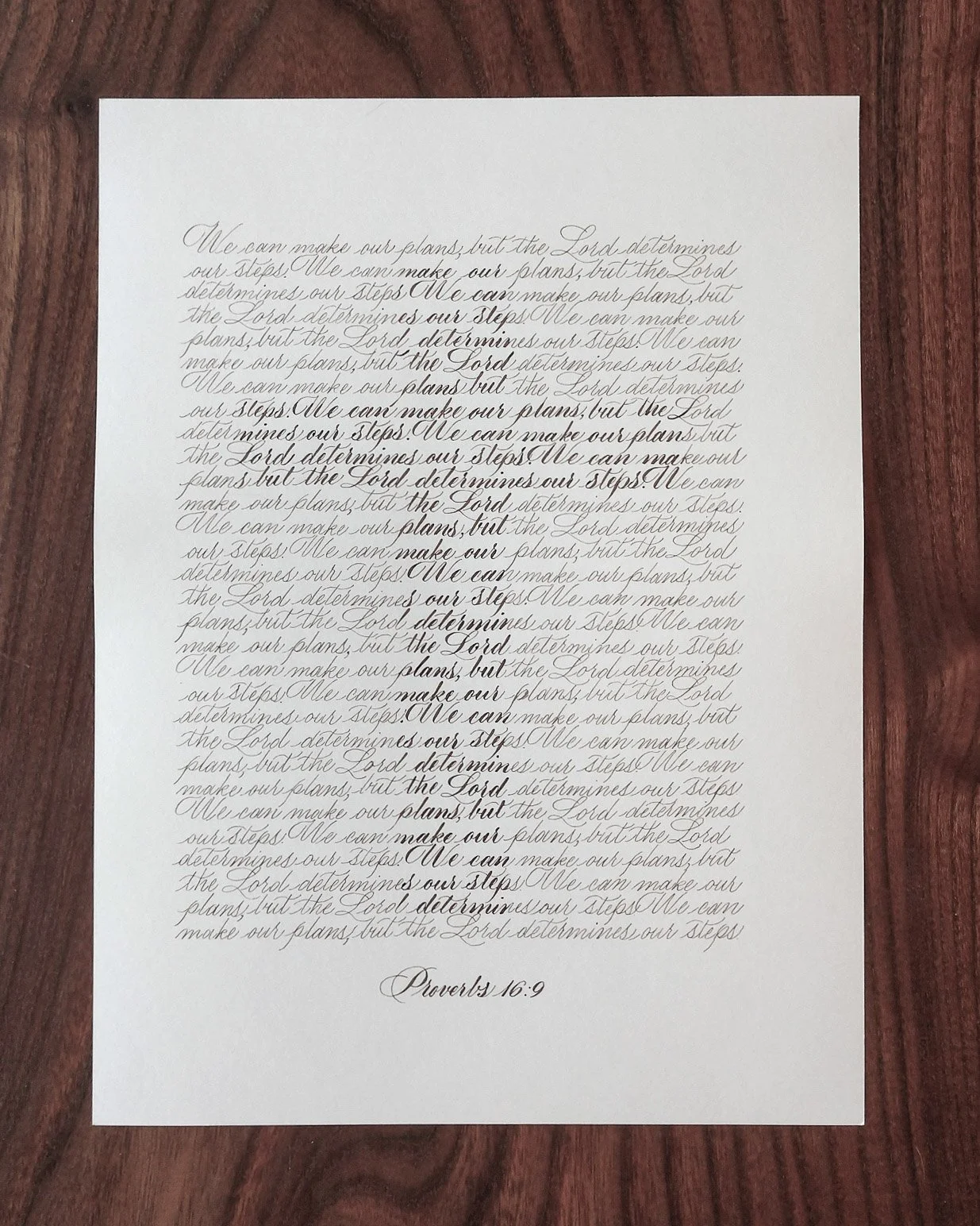 A printed sheet of paper with a handwritten style font containing a religious quote from Proverbs 16:9, on a wooden surface.