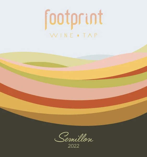 Design of colorful, curved layers in pastel shades with the text "footprint WINE TAP" at the top and "Semillon 2022" at the bottom.