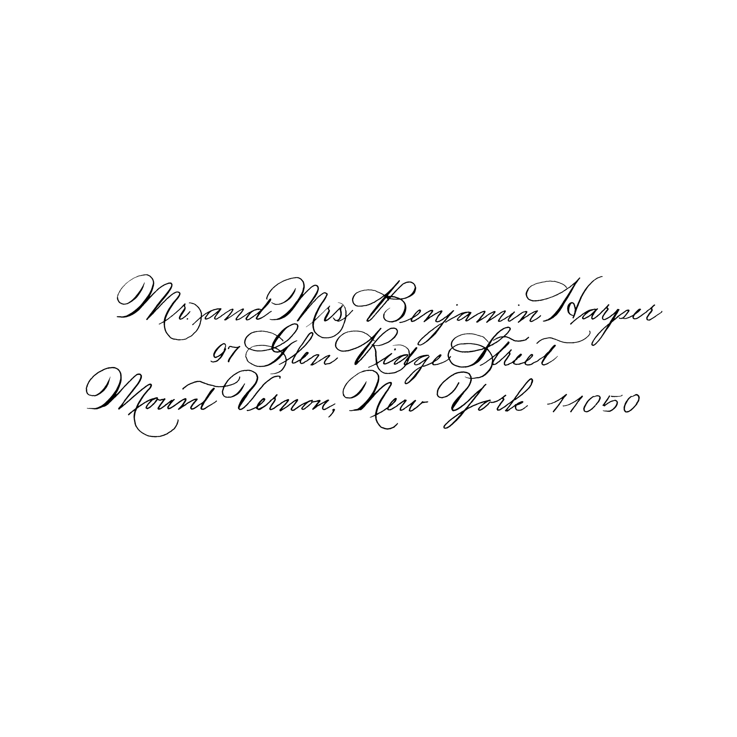 Black background with elegant white cursive text that reads: Mr. and Mrs. Benjamin Harper, 97 Glen Ridge Avenue.