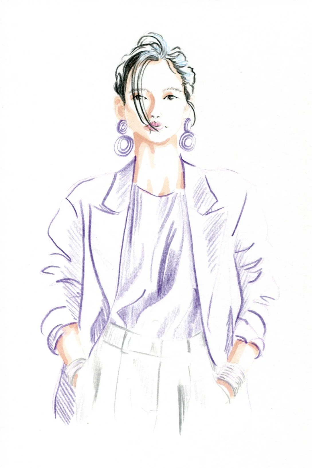 A fashion illustration of a woman with short hair, large hoop earrings, wearing a purple blazer and trousers, with her hands in her pockets.