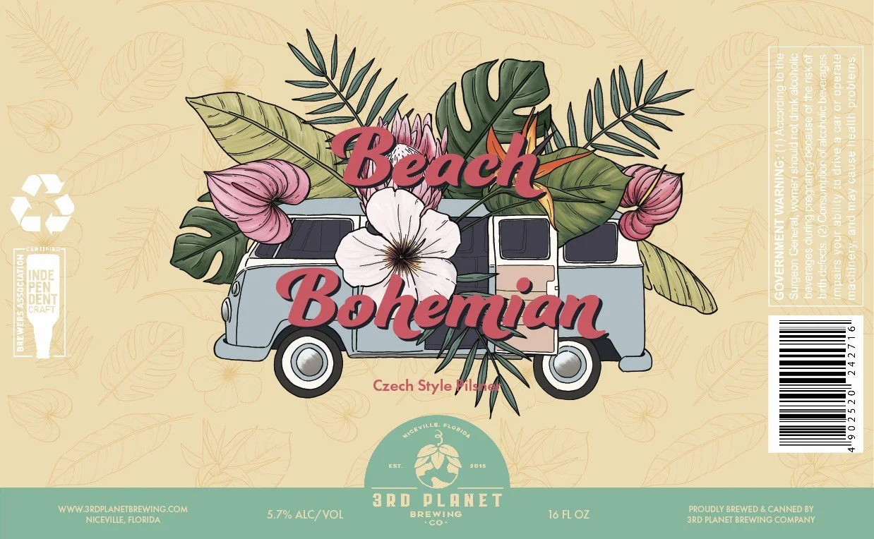 A colorful label for a Czech style pilsner beer called Beach Bohemian, featuring a vintage van decorated with tropical leaves and flowers, with the text 'Beach Bohemian' in large pink script and 'Czech Style Pilsner' beneath.