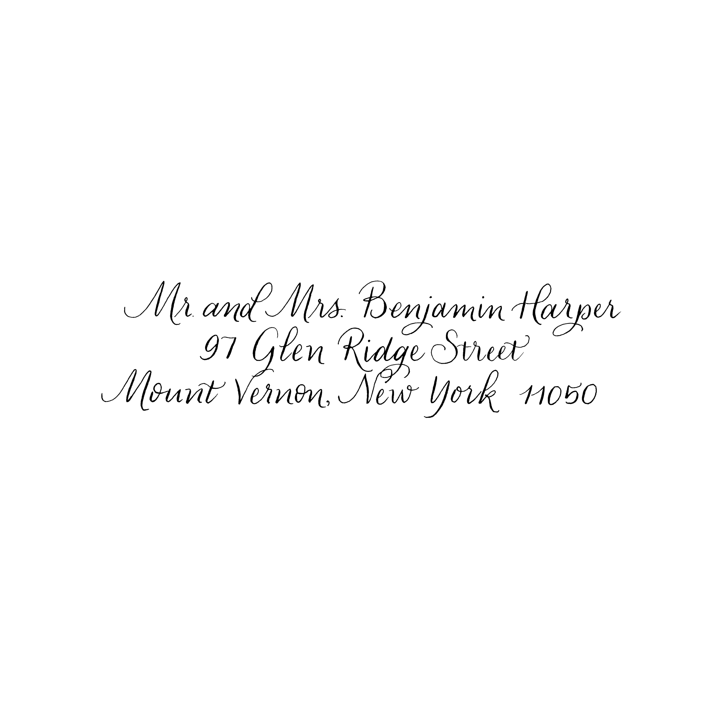 A black card with gold cursive text reads 'Mr. and Mrs. Benjamin Hainer, 97 Glen Ridge Street, Mount Vernon, New York 10550'.
