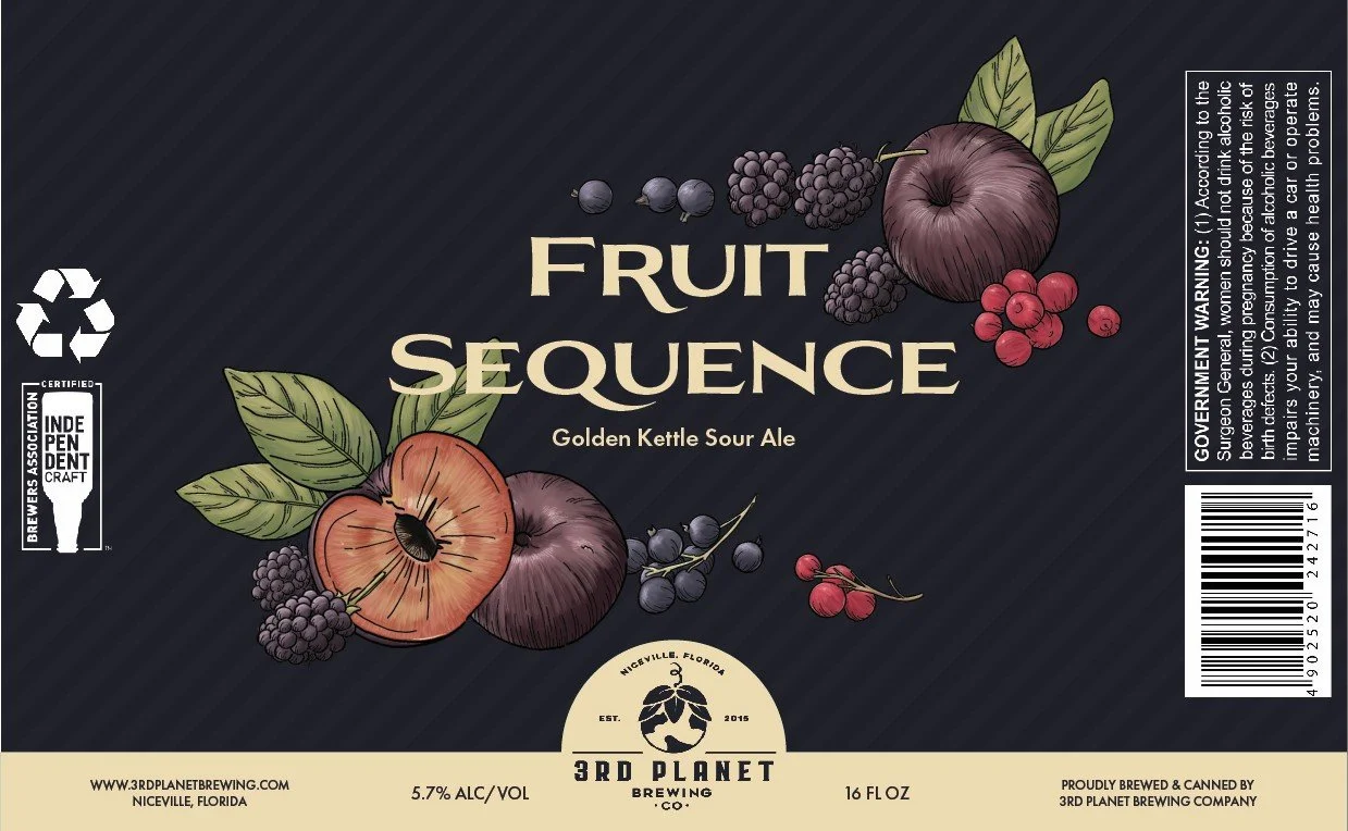 A beverage label with a dark background featuring illustrations of blackberries, raspberries, and an apple, with text indicating it is a fruit sequence golden kettle sour ale brewed by 3rd Planet Brewing in Niceville, Florida.