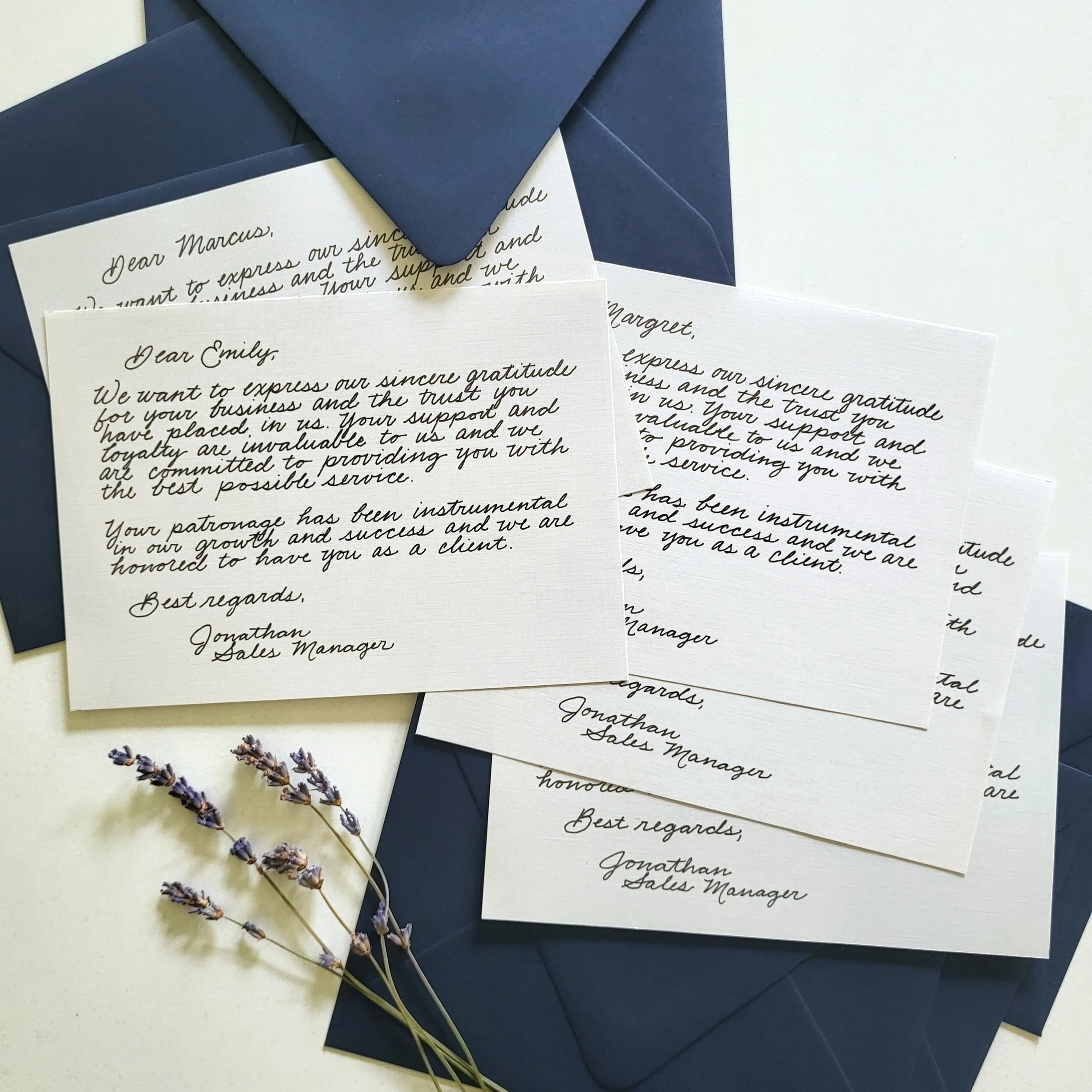 Letter and postcards with handwritten text and lavender flowers on a table.
