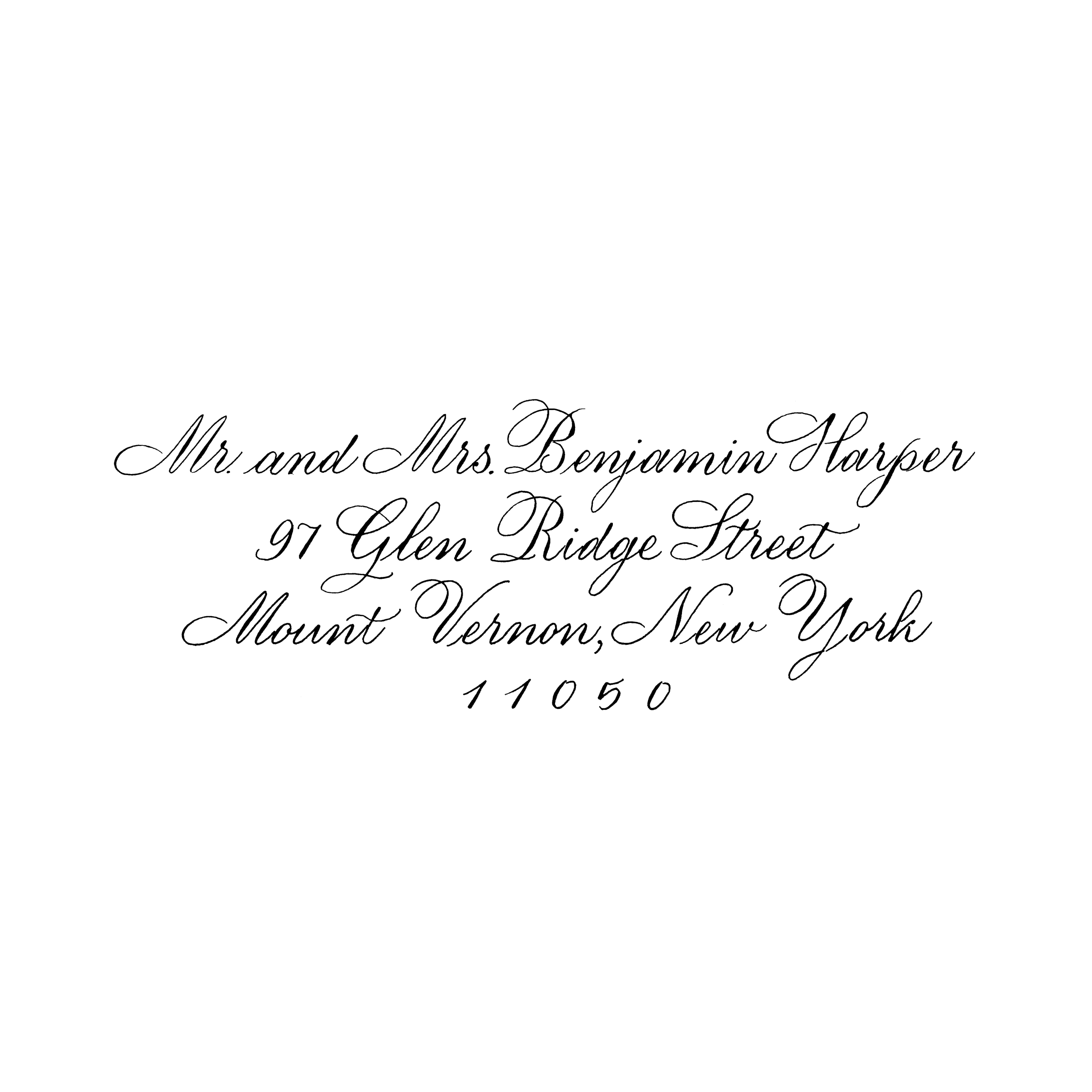 Wedding invitation with elegant script mentioning Mr. and Mrs. Benjamin Harper, including the address 97 Glen Ridge Street, Mount Vernon, New York, and the date 11.05.50.