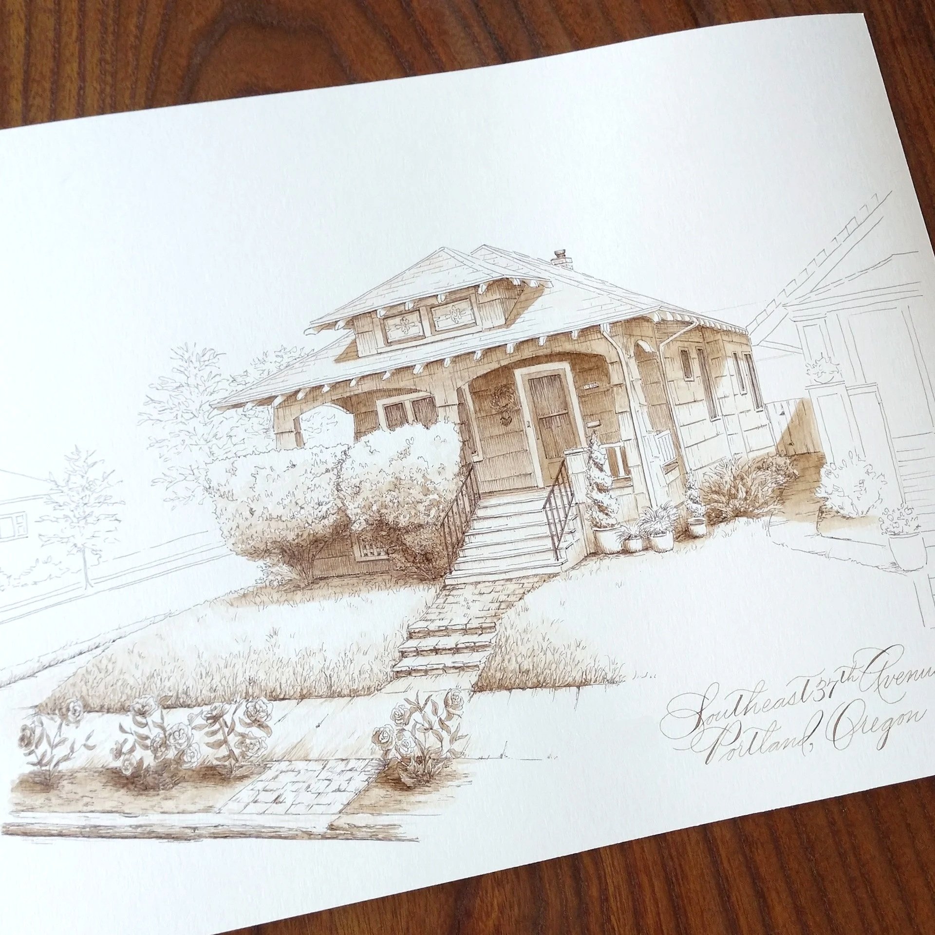 A detailed architectural drawing of a house with a porch, stairs, bushes, and flowers in a landscape setting, signed with handwritten text.