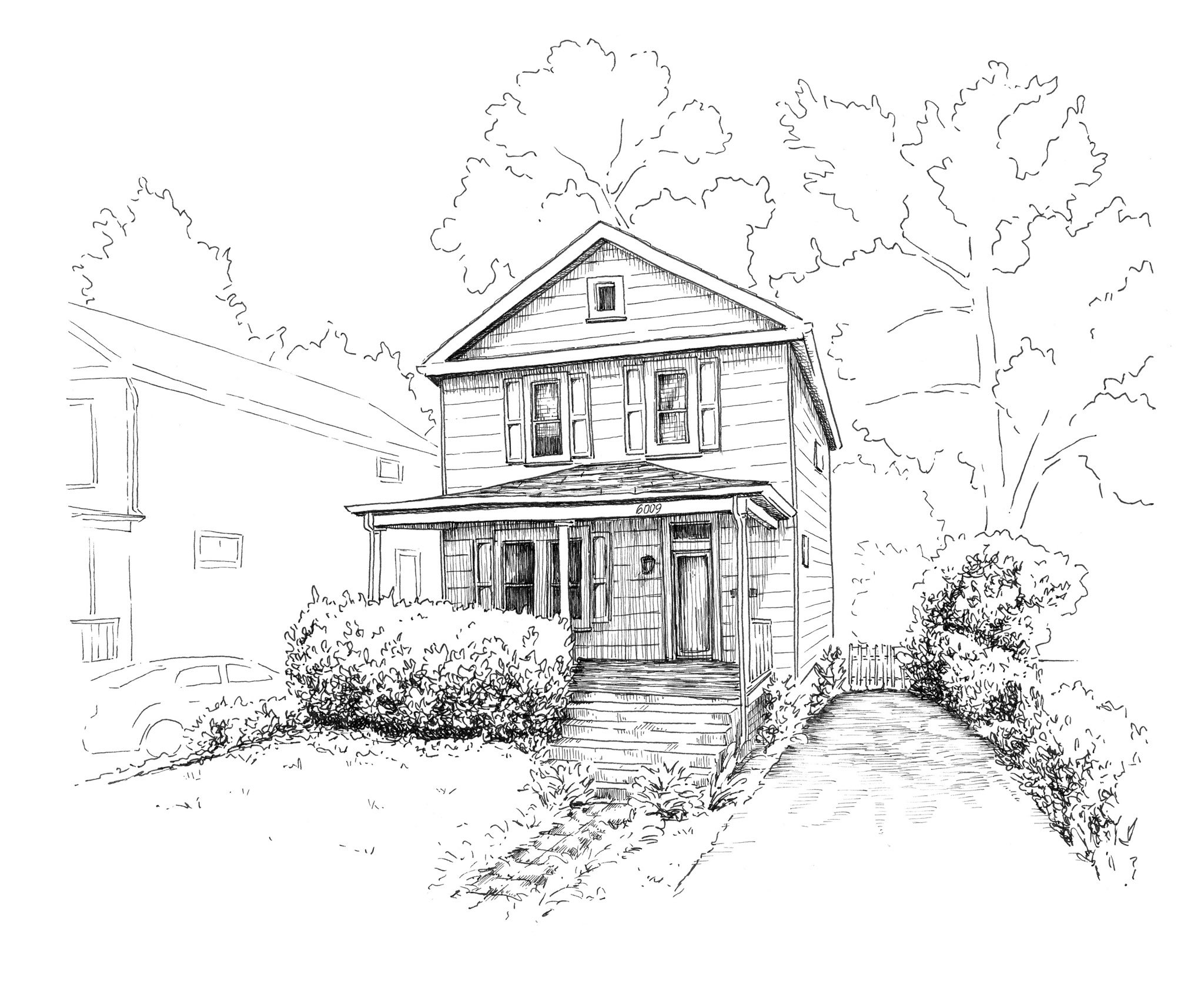 Line drawing of a house with a porch, surrounded by bushes and trees, with a pathway leading to the front door.