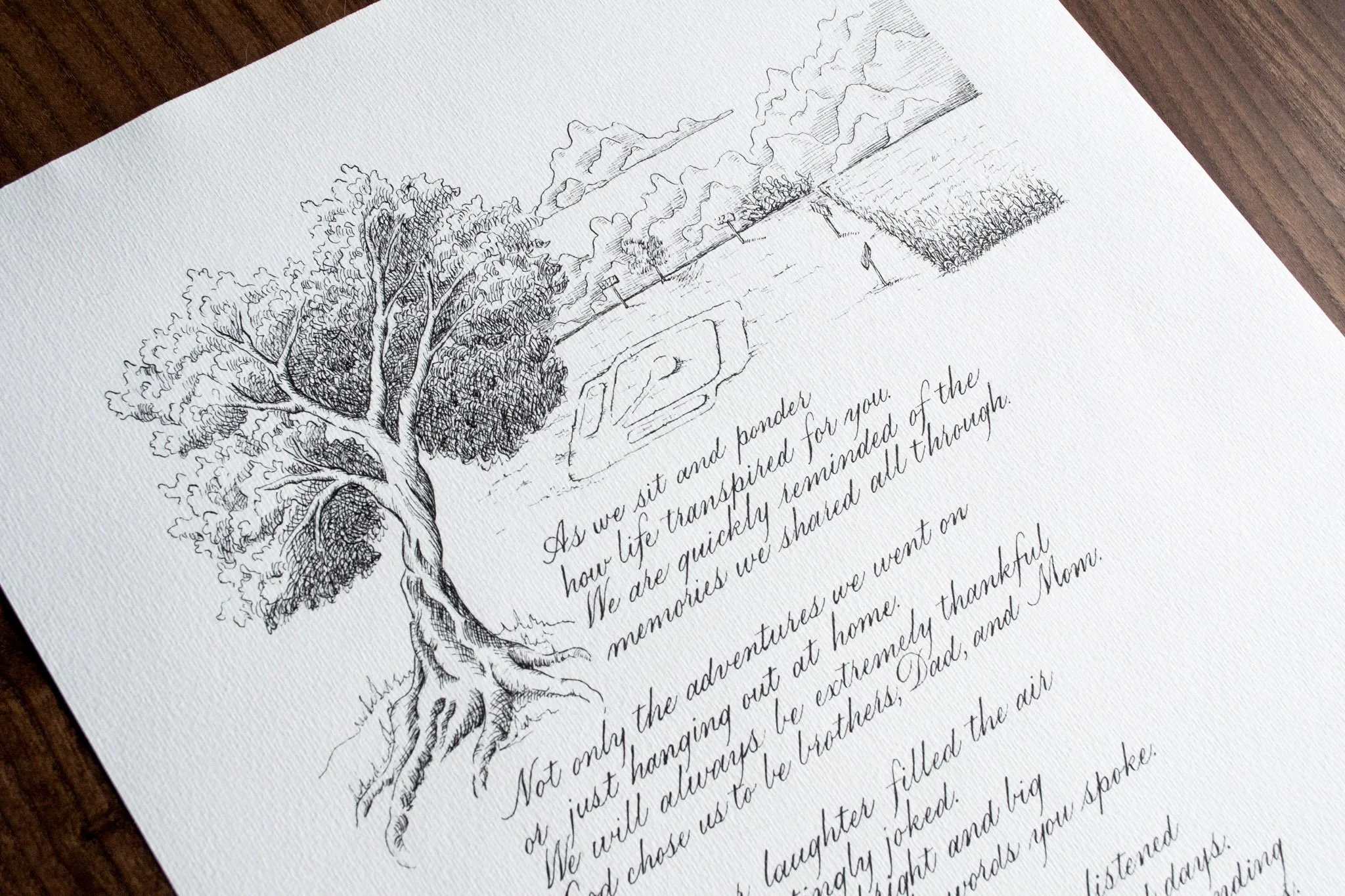 A detailed black-and-white ink drawing of a tree with full foliage, accompanied by handwritten cursive text on textured white paper.