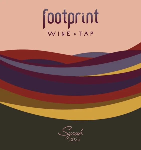 Graphic design featuring abstract colored waves with text that reads "footprint WINE TAP" and "Syrah 2022".