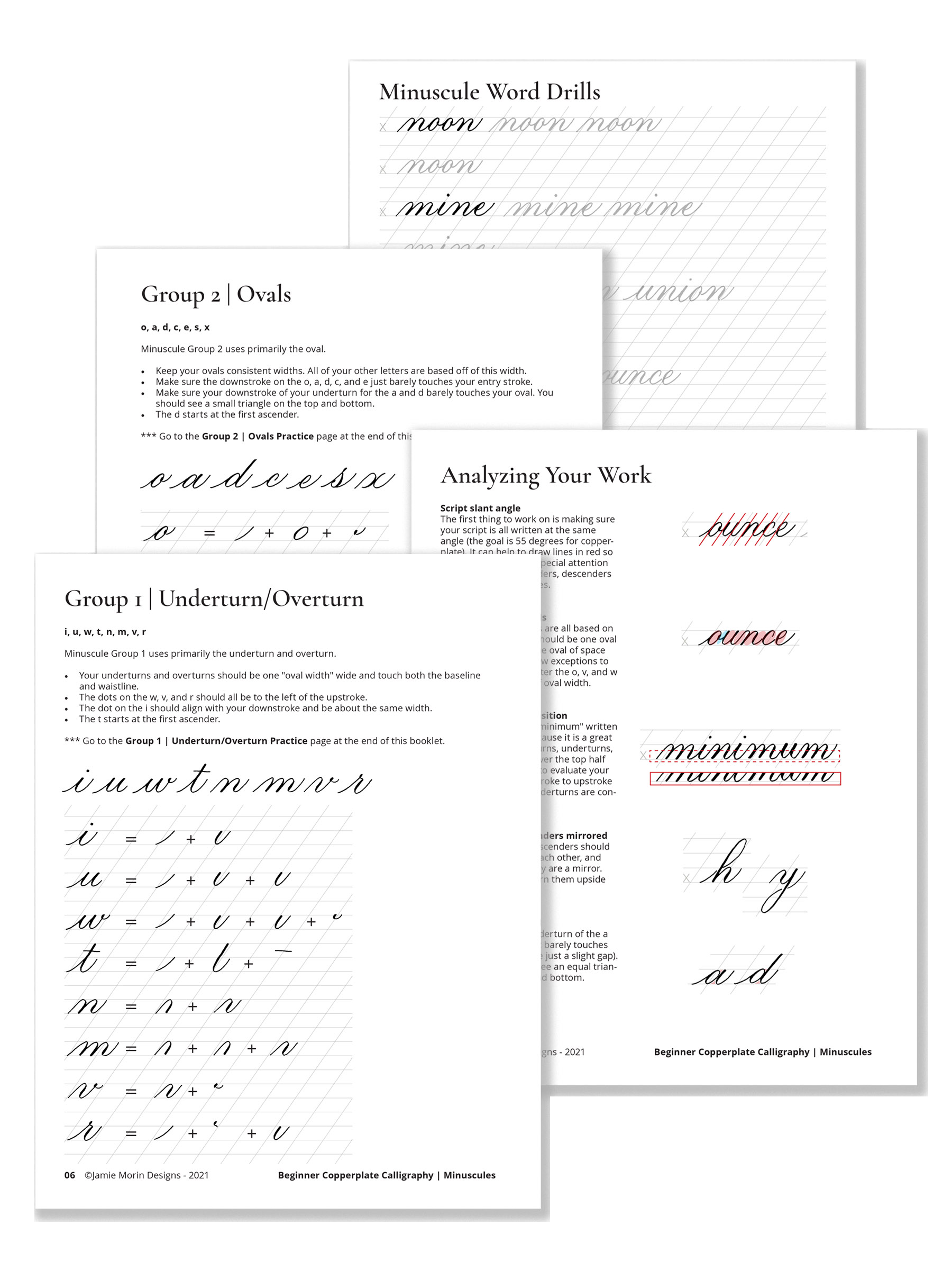Collection of instructional pages demonstrating copperplate calligraphy for lowercase minuscule letters, focusing on vowels, ovals, and practicing different strokes with red and blue guidelines.
