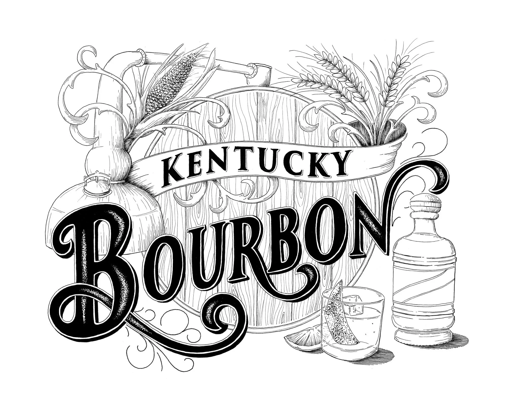 Black and white line drawing of Kentucky bourbon-themed elements including a whisky bottle, stacked whiskey glasses, corn, wheat, a bourbon barrel, and a whisky glass with ice and a lemon wedge, with the word 'Kentucky' displayed.