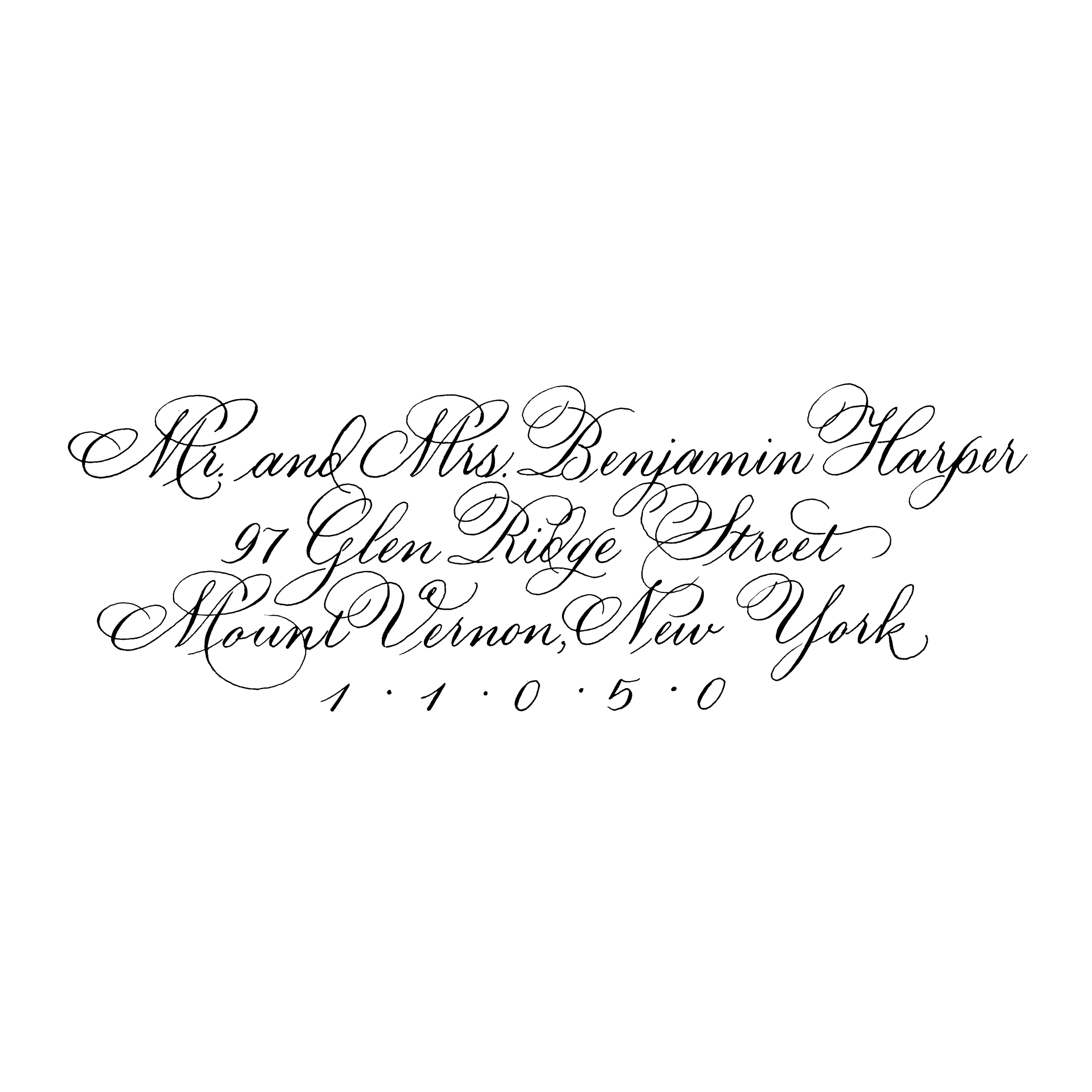 Elegant black wedding invitation with cursive silver text for Mr. and Mrs. Benjamin Harper, featuring a decorative flourish and elegant script.