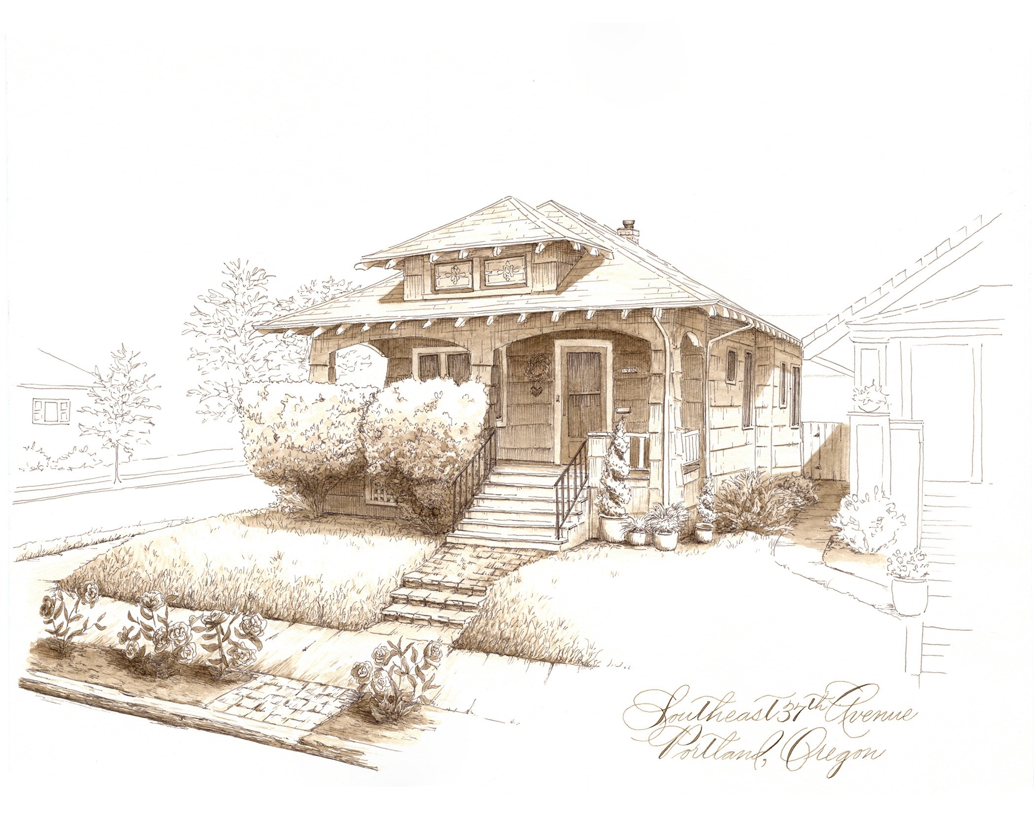 A detailed sketch of a house with a porch, a front yard with flowers, and trees in the background. The house has a sloped roof with decorative window details. The drawing includes handwritten text that reads 'Southeast 57th Avenue Portland, Oregon'.