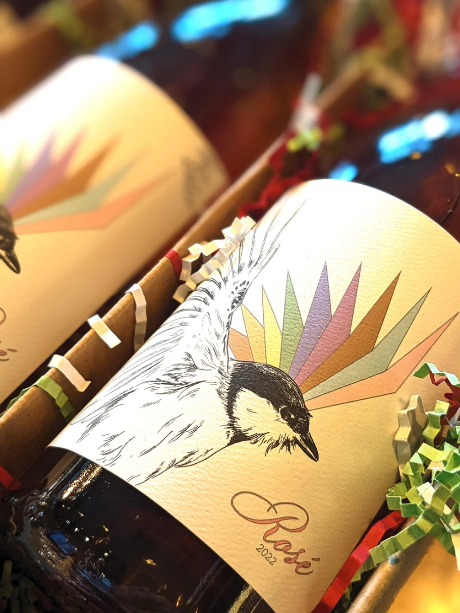 A bottle of wine with a label featuring a detailed black and white illustration of a chickadee bird and colorful geometric rays in the background, with the word 'Rays' and the year 2022 written on it.