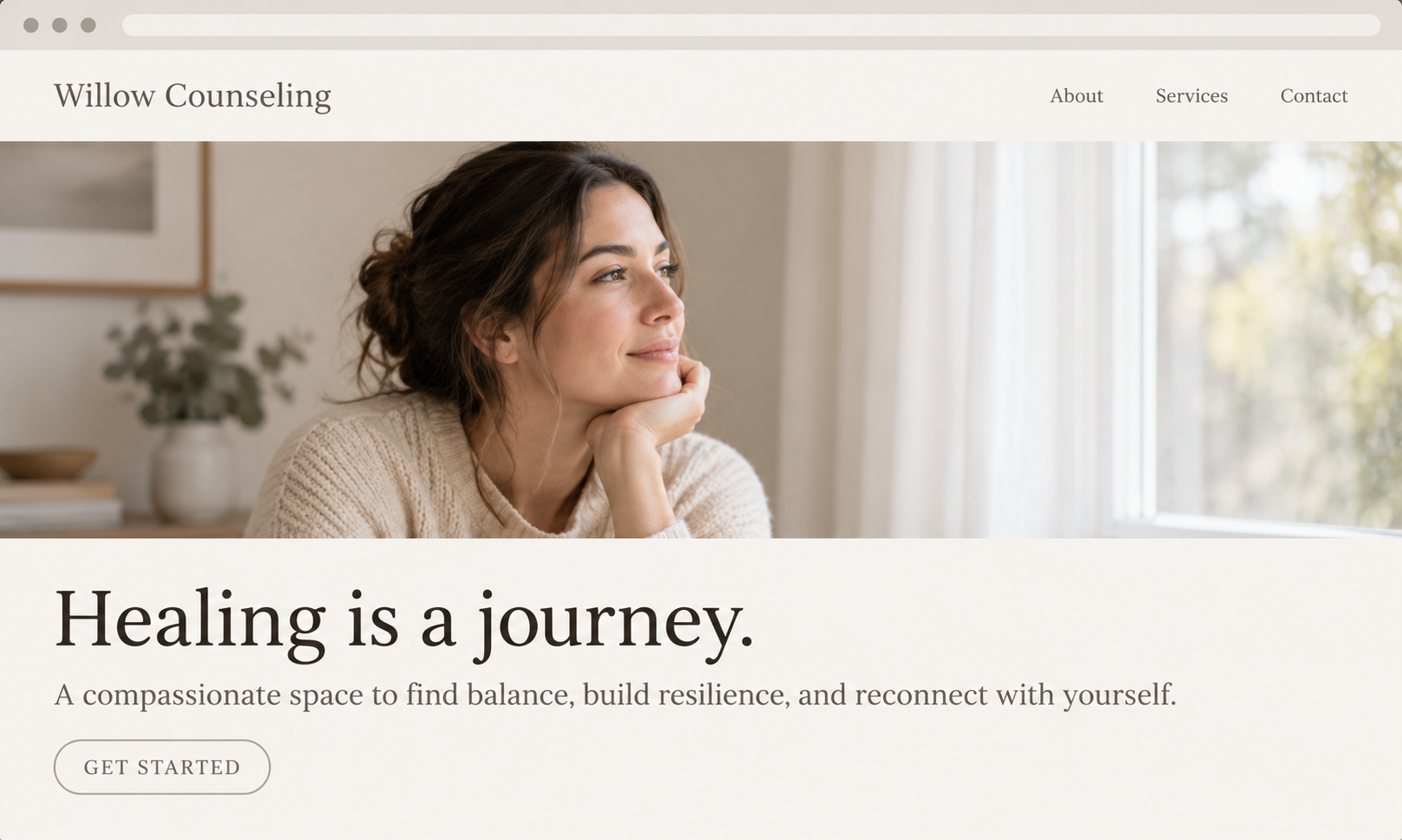 Homepage of Willow Counseling website featuring a woman looking thoughtfully out a window, with the tagline 'Healing is a journey' and navigation links for About, Services, and Contact.