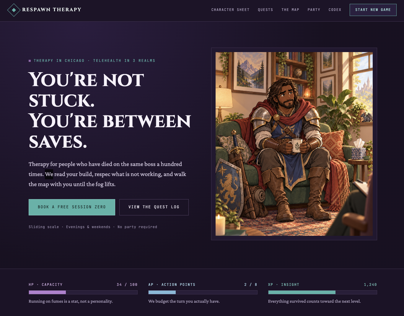 A fantasy-themed website for therapy called Respawn Therapy, featuring a character dressed as a medieval knight sitting on a couch, holding a mug, in a cozy, well-lit room with paintings, plants, and windows showing a mountain landscape.