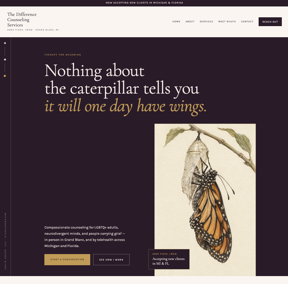 Homepage of The Difference Counseling Services website, featuring a quote about transformation with a Monarch butterfly emerging from a chrysalis, and navigation options like Home, About, Services, Meet Khufu, Contact, and Reach Out.