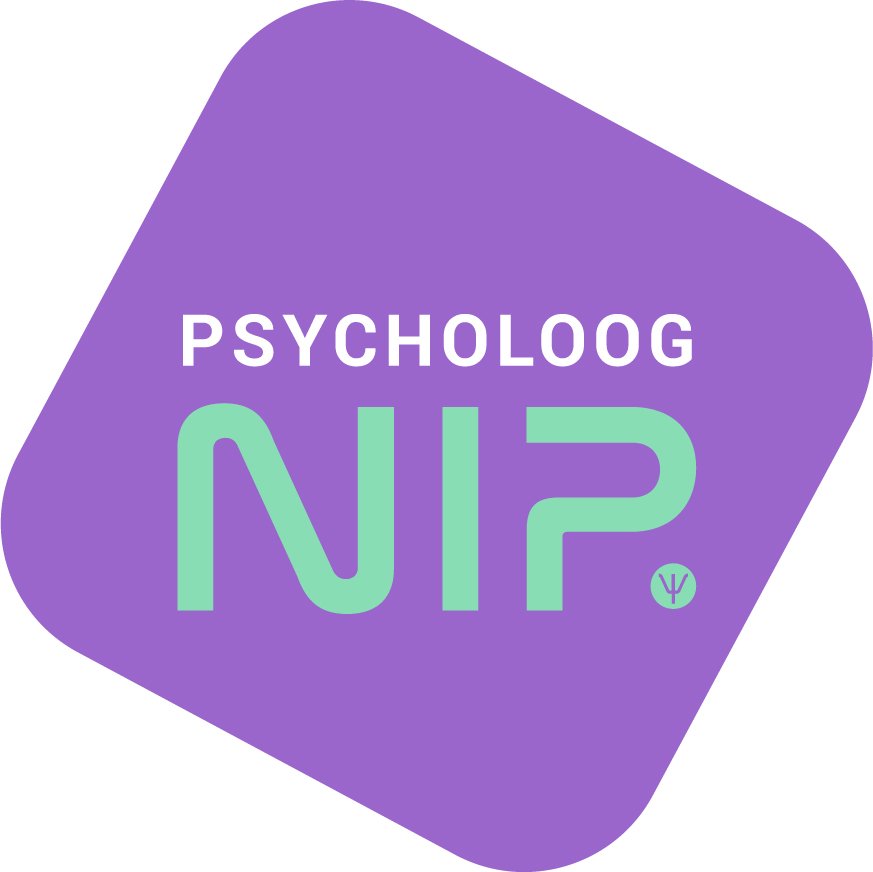 Purple rounded square with the words "PSYCHOLOG" in white and "NIP" in light green, along with a small psi symbol.