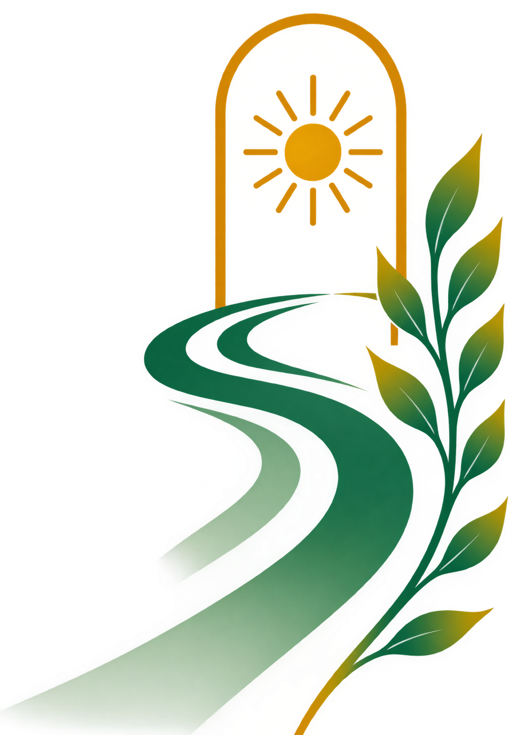 Stylized drawing of a winding pathway leading to a bright yellow sun with rays, surrounded by green leaves.
