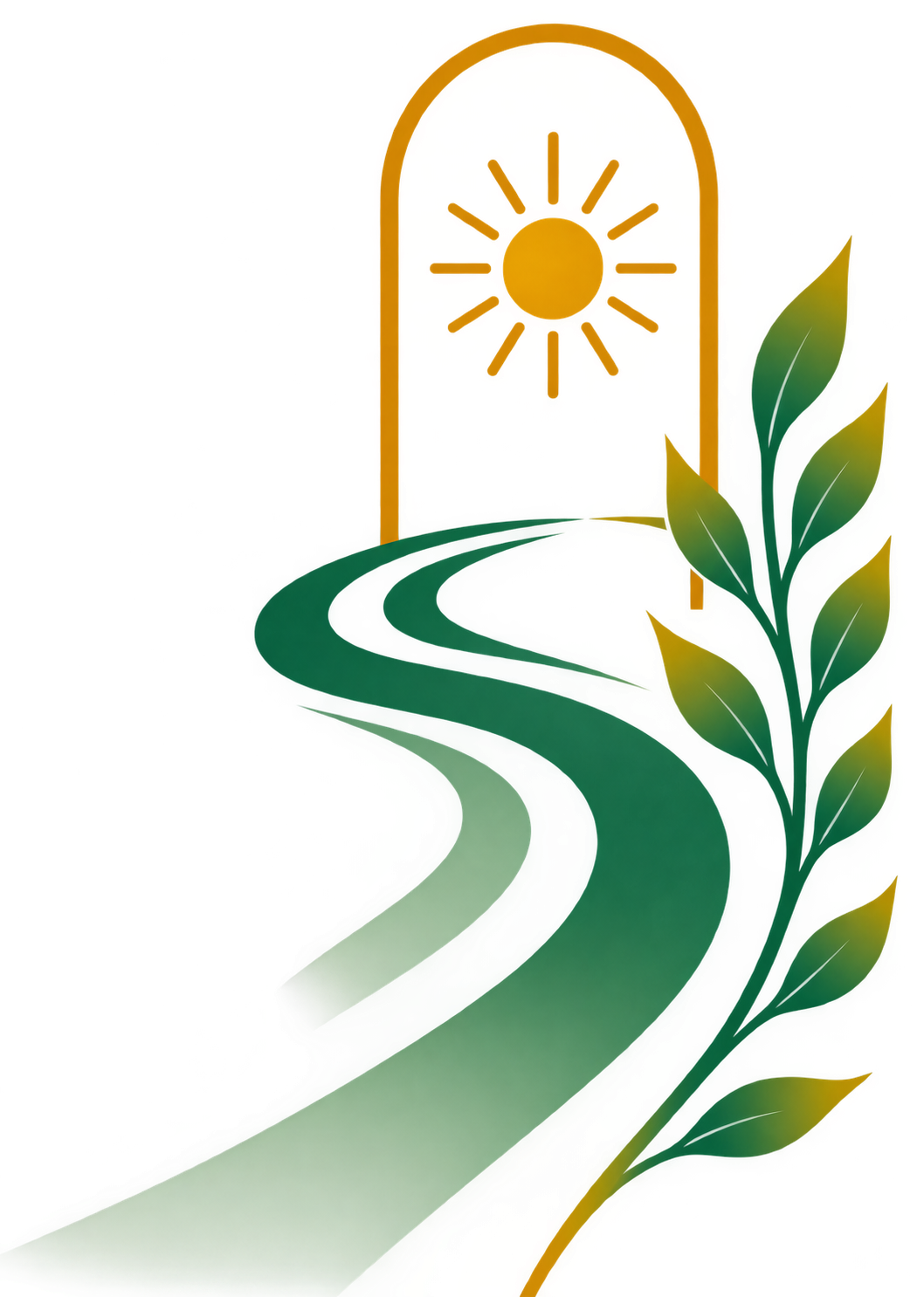 A stylized illustration of a winding pathway leading to a yellow door with a sun symbol, flanked by green leaves.