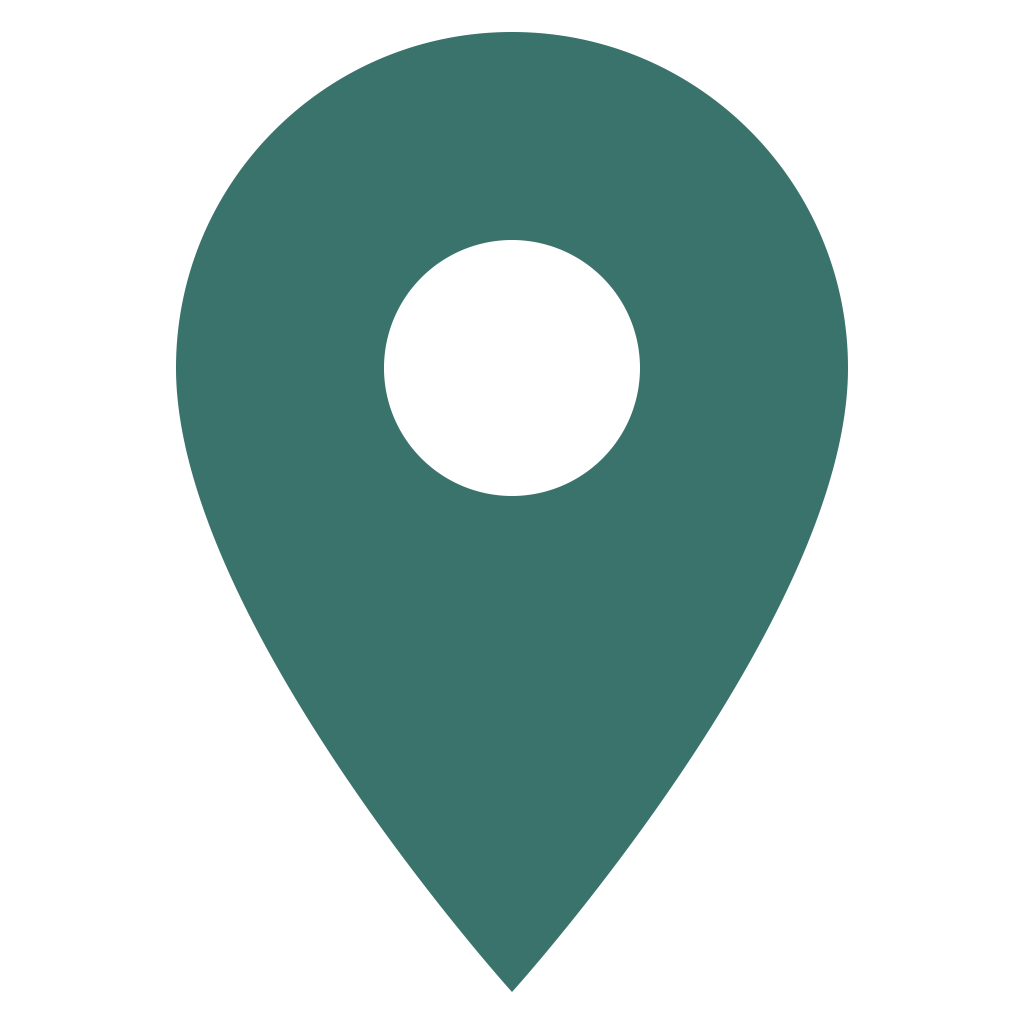 Map location pin icon with a black circle in the center on a teal background.