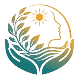 Abstract logo featuring a human profile with a sun above, surrounded by leaves and waves, symbolizing growth and nature.