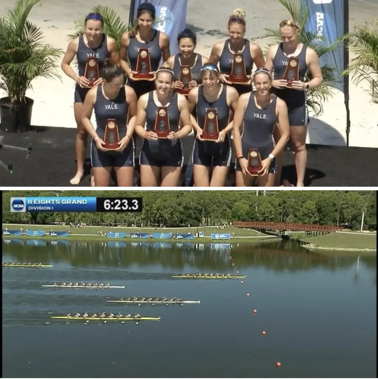 The Yale University Women's 2V8+ holding trophies as they pose while celebrating a gold medal at the 2022 NCAA Women's Rowing Championships.