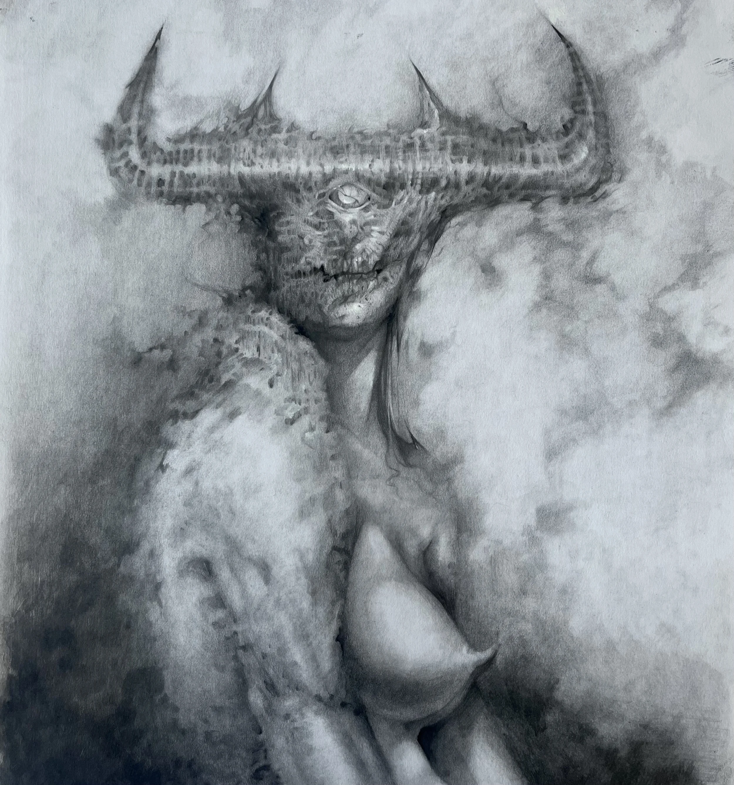 A pencil sketch of a creature with large horns and a face with a single eye, appearing in a dark, cloudy background.