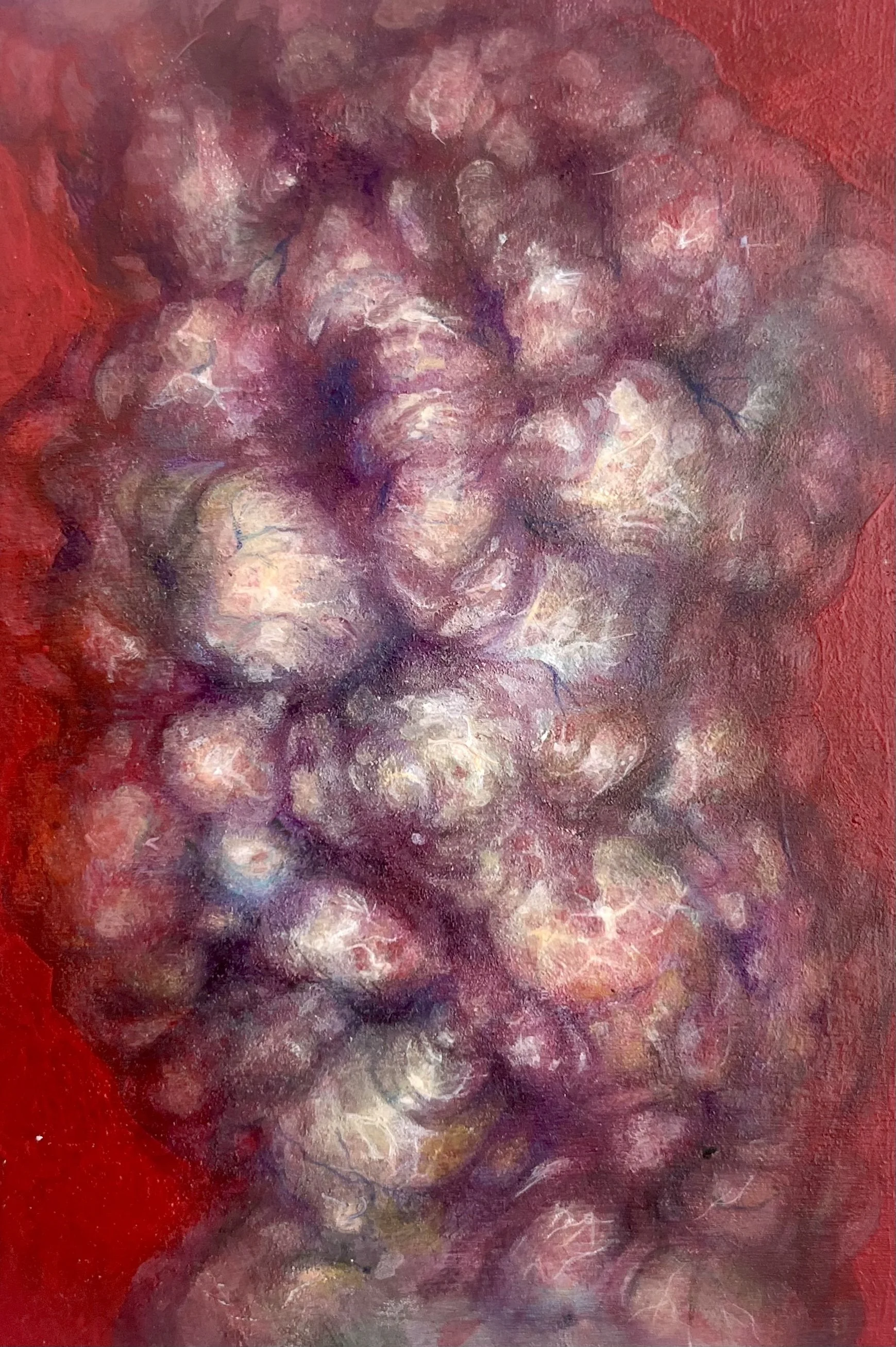 Abstract painting with swirling shades of purple, pink, white, and a background of red.