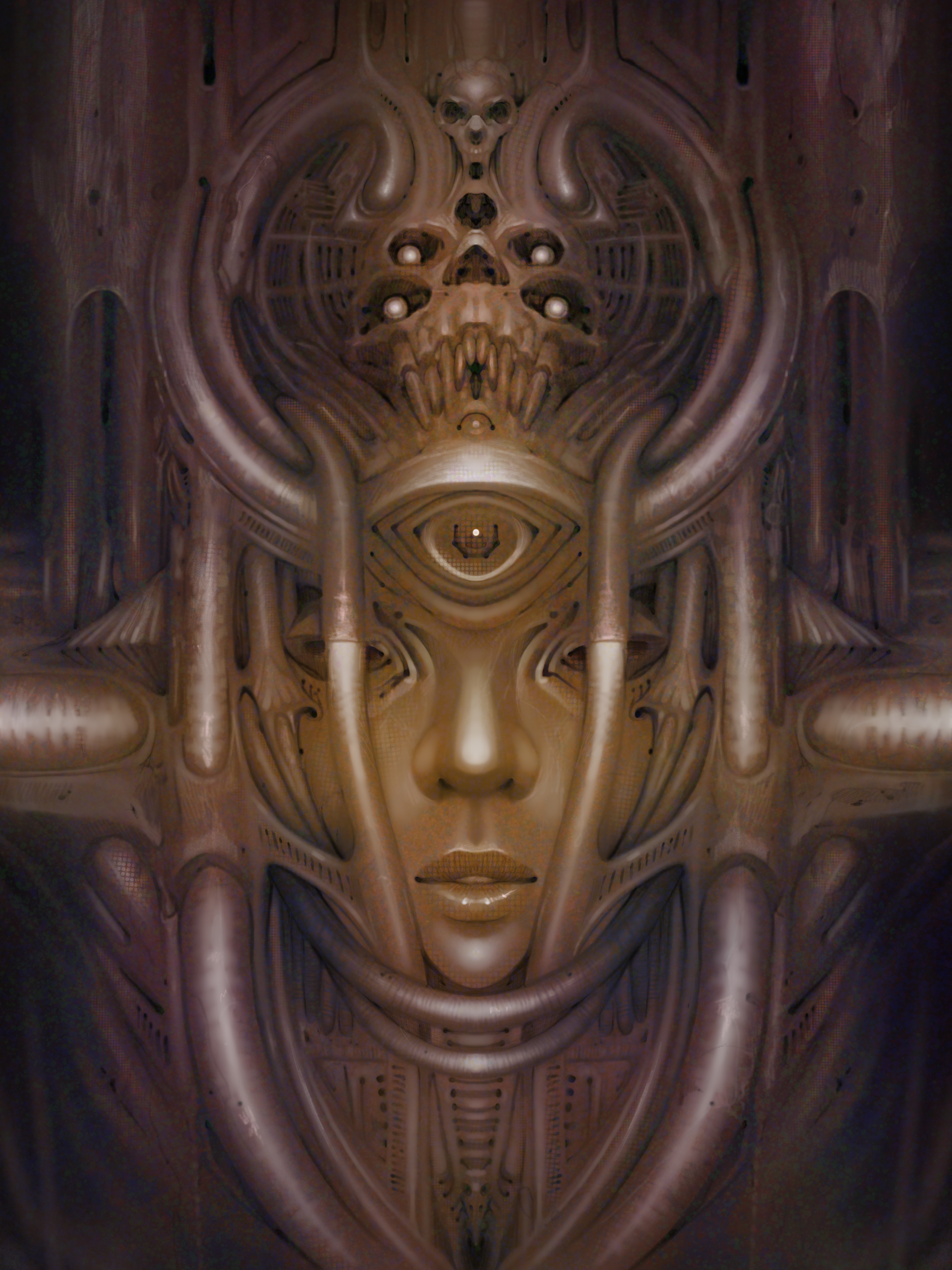 A digital artwork featuring a humanoid face with intricate, symmetrical patterns and surreal, otherworldly details.
