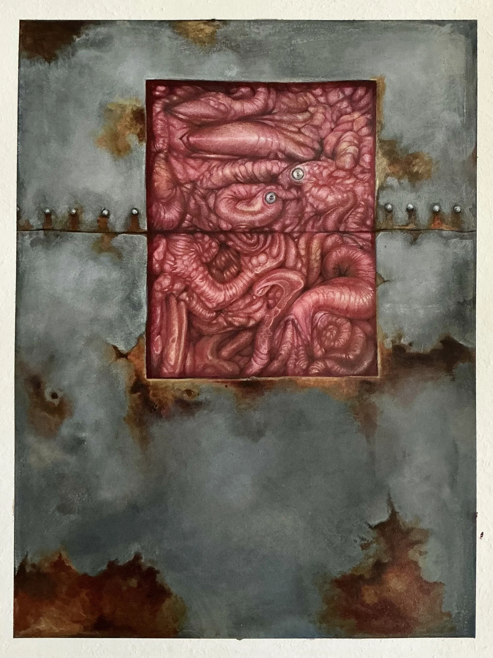Abstract artwork featuring a central rectangular section with pink, organic, swirling patterns and two small eye-like details, set against a background of metallic gray with rust-colored patches.