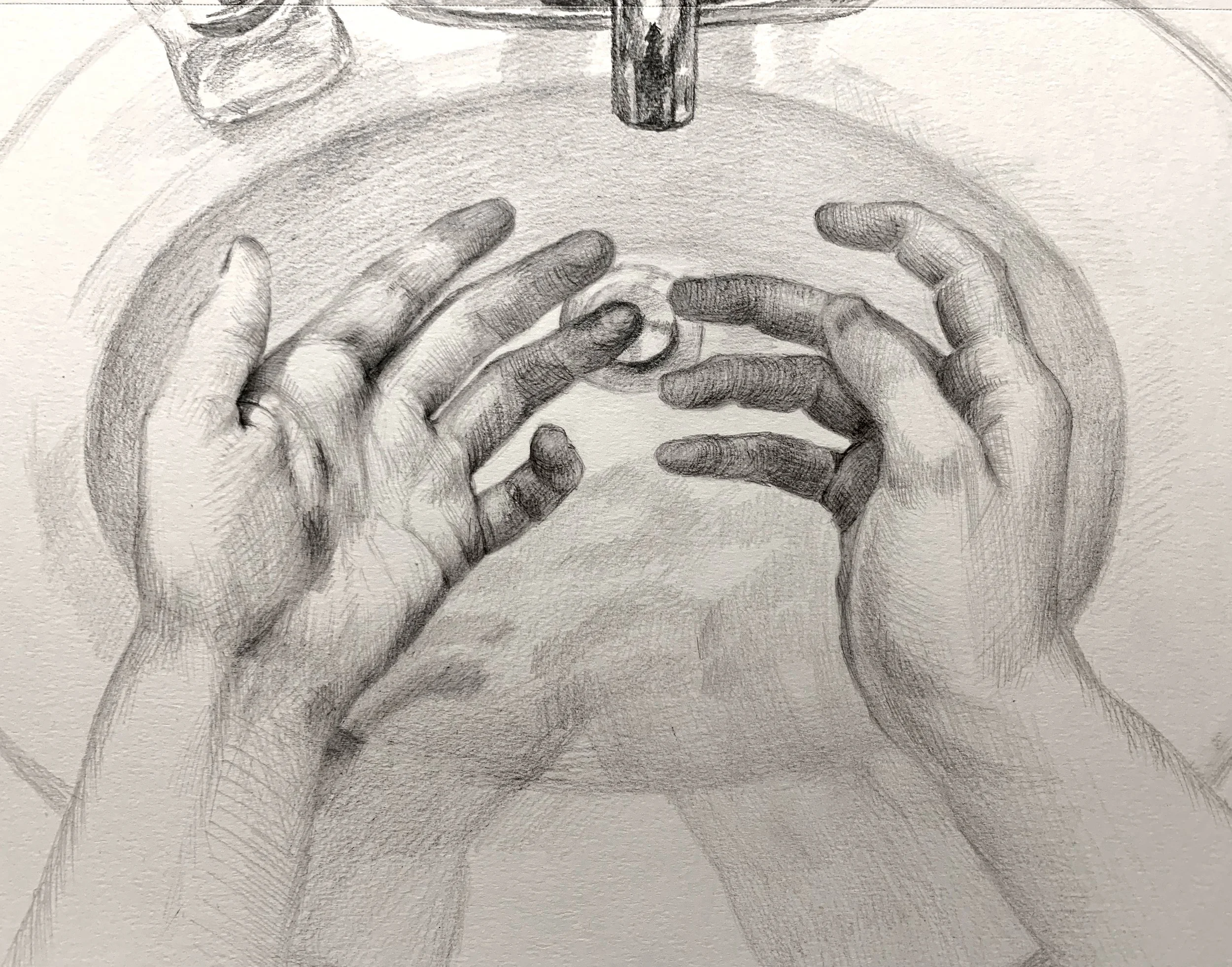 A detailed pencil sketch of two hands holding a ring, with a glass of water and a cup in the background.