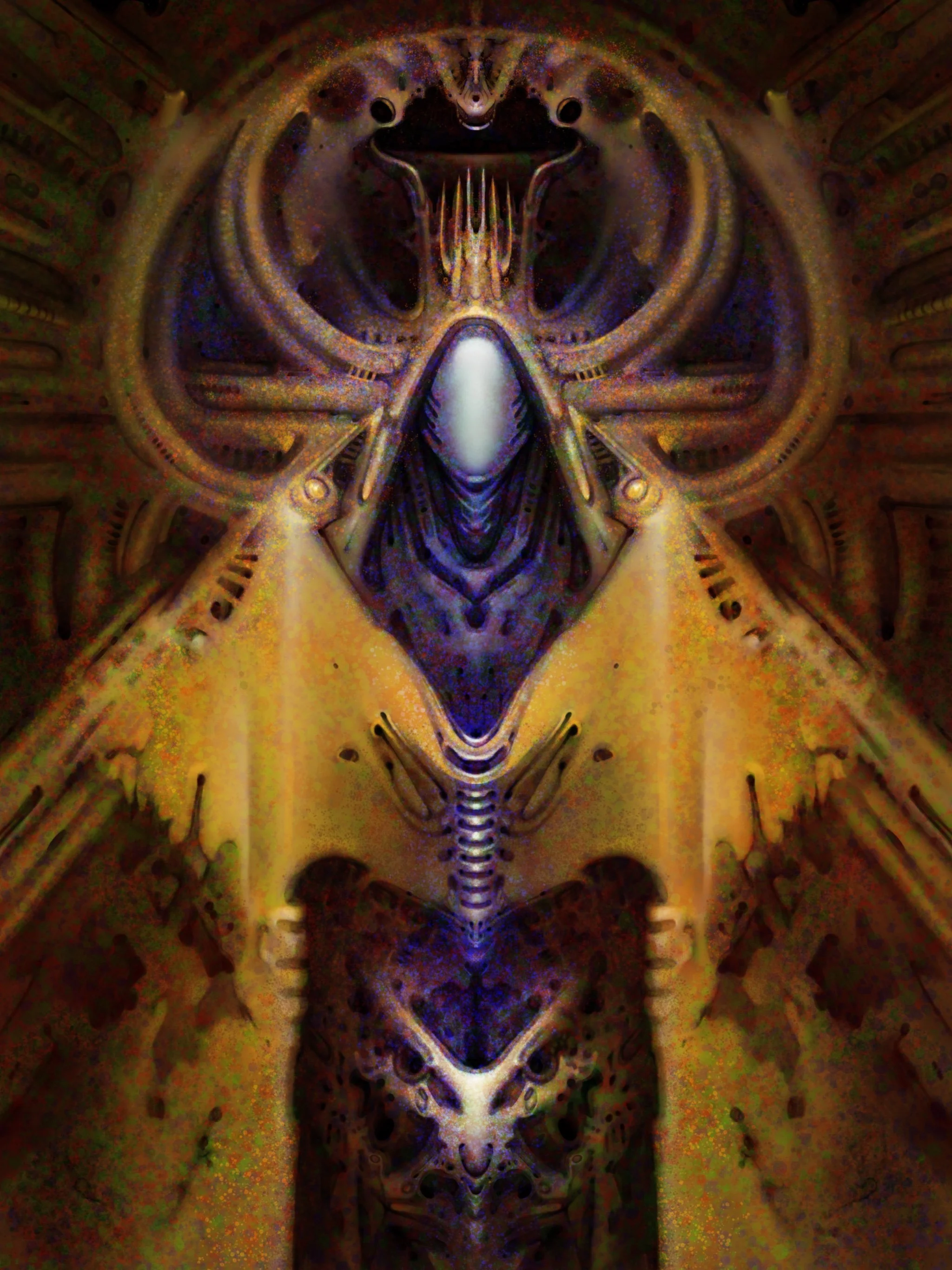 A symmetrical, digitally manipulated image resembling a sci-fi creature or alien with intricate details and vivid colors.