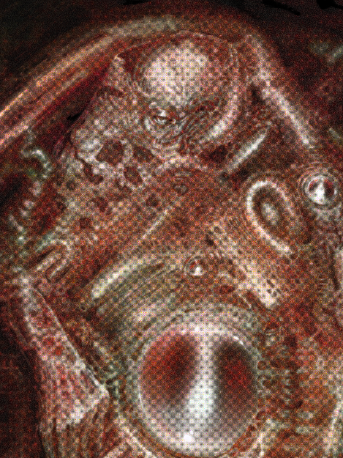 Close-up of a detailed, abstract design resembling a complex, organic pattern with swirling textures and metallic elements.