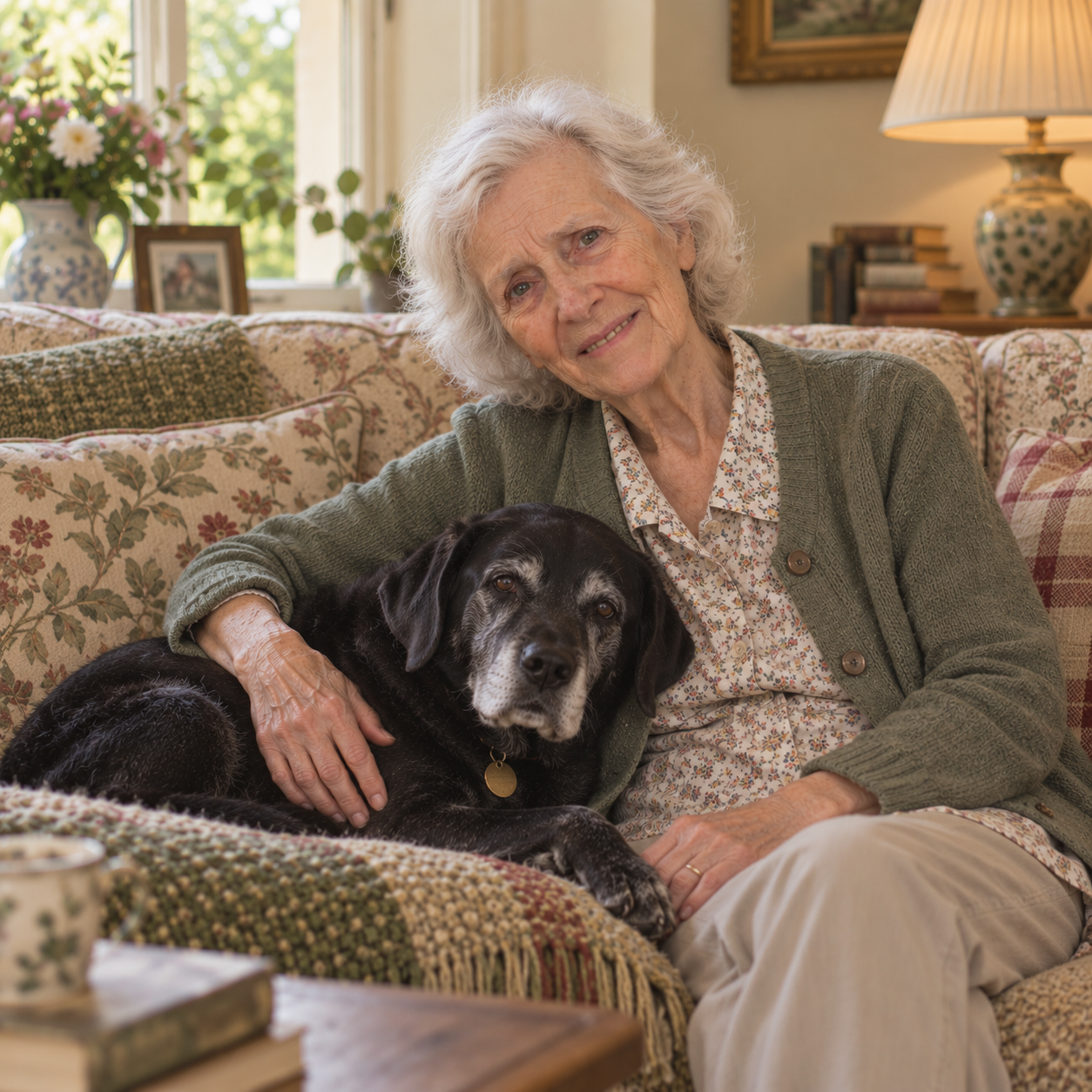 Violet with her elderly black Labrador Larry at Owl Farmhouse