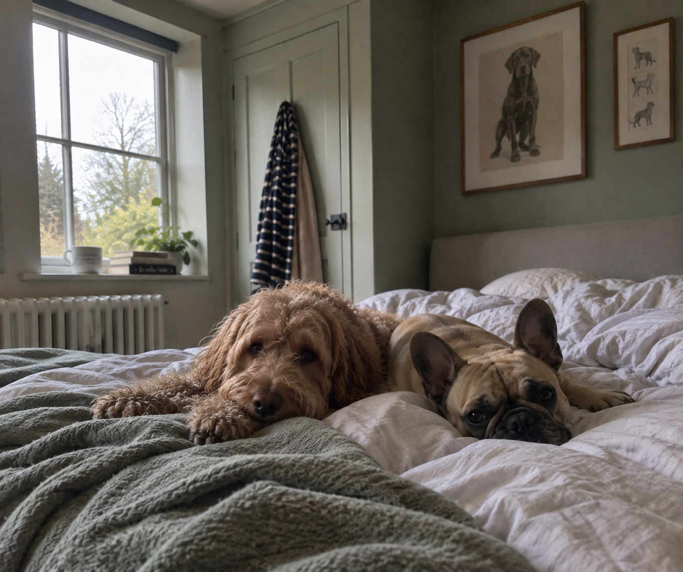Two dogs lying on a messy bed, one with curly fur and the other with short coat, in a cozy bedroom with framed dog pictures on the wall, a chest, and a window with a plant and books on the sill.