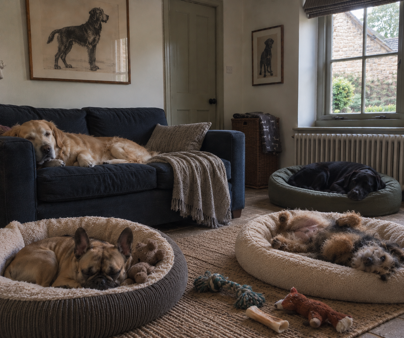 Four dogs in the Barkhouse of Owl Farmhouse
