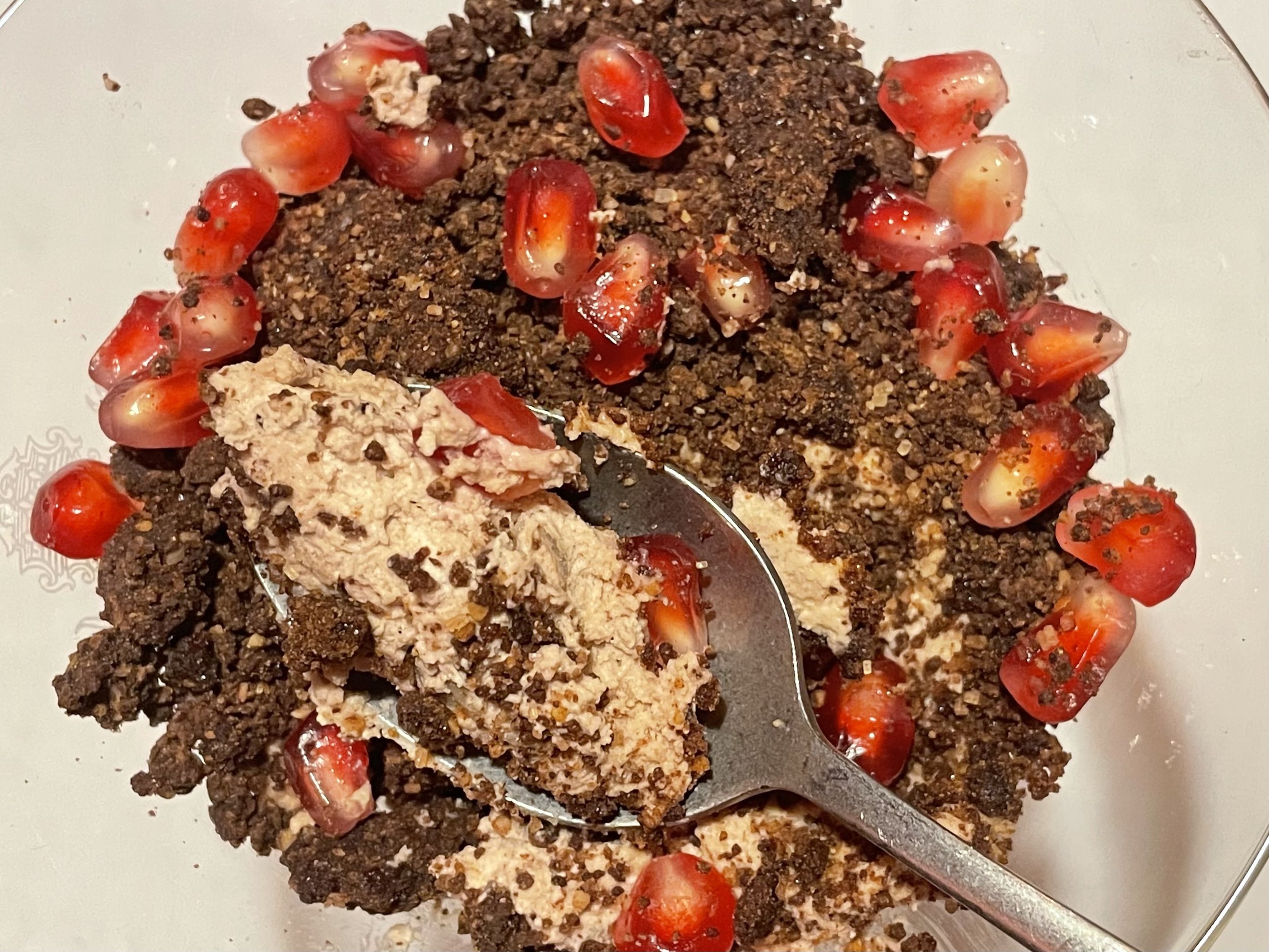 Chestnut Mousse with chocolate crumble and pomegranates