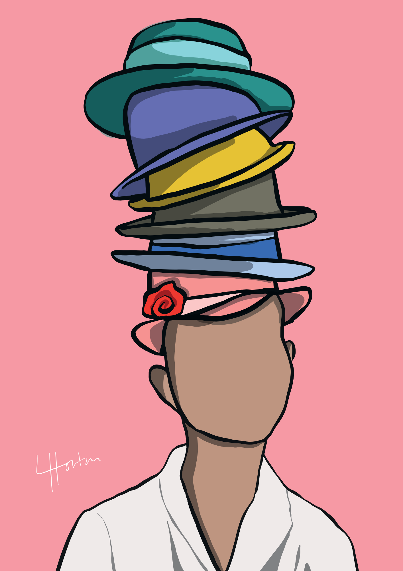 Graphic illustration of a person with 6 hats on their head, stacked on top of one another