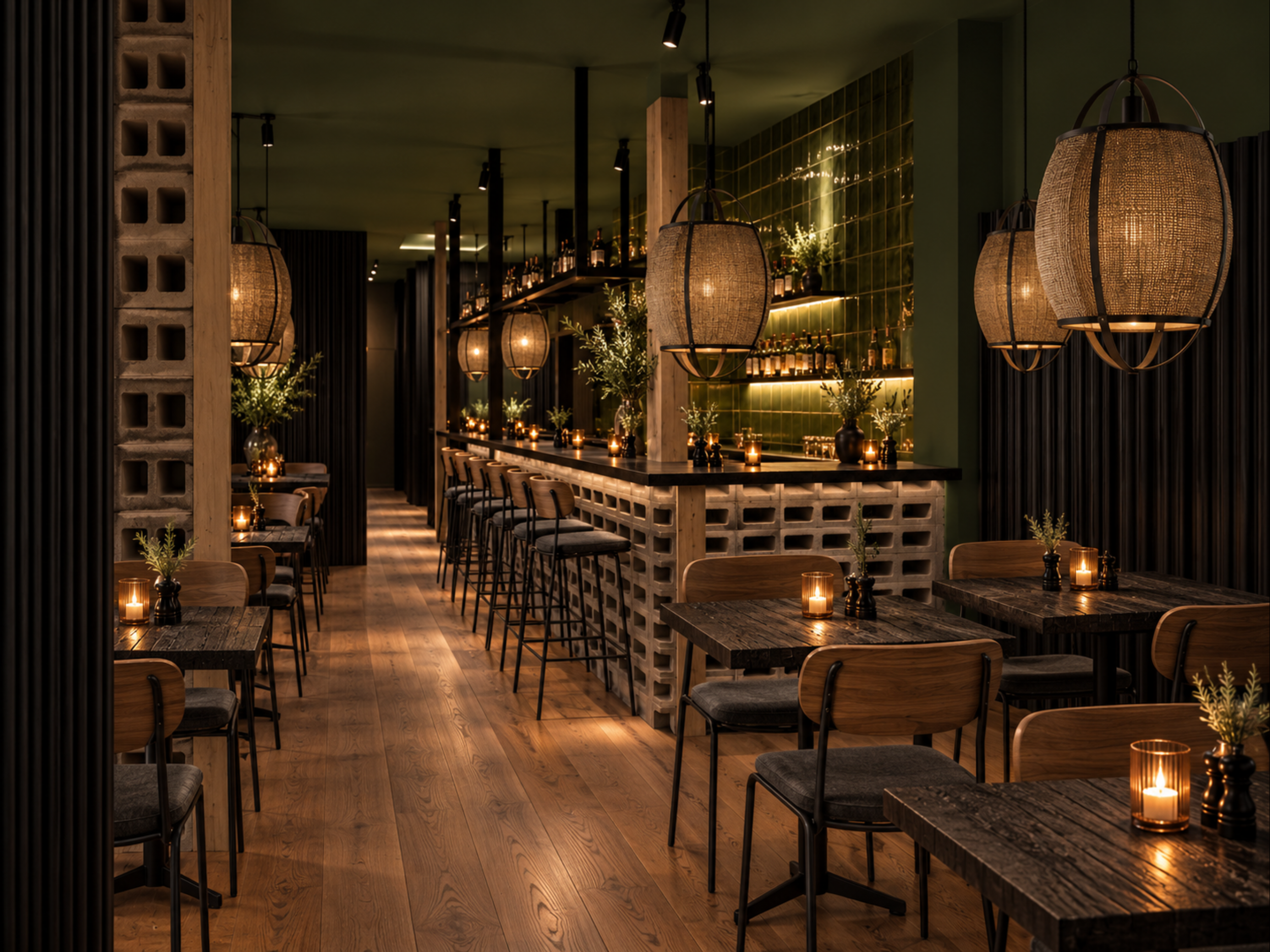 Intérieur d'un restaurant ou bar de style moderne, ambiance chaleureuse avec éclairage tamisé, lampes suspendues en rotin, bar en arrière-plan avec des bouteilles et des étagères lumineuses, tables en bois avec bougies et petites décorations florales.