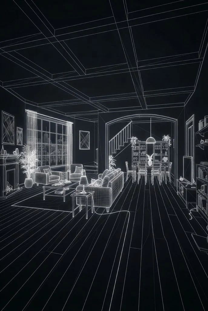 A digital line drawing of a living room interior with furniture, plants, a staircase, and a dining area in the background.