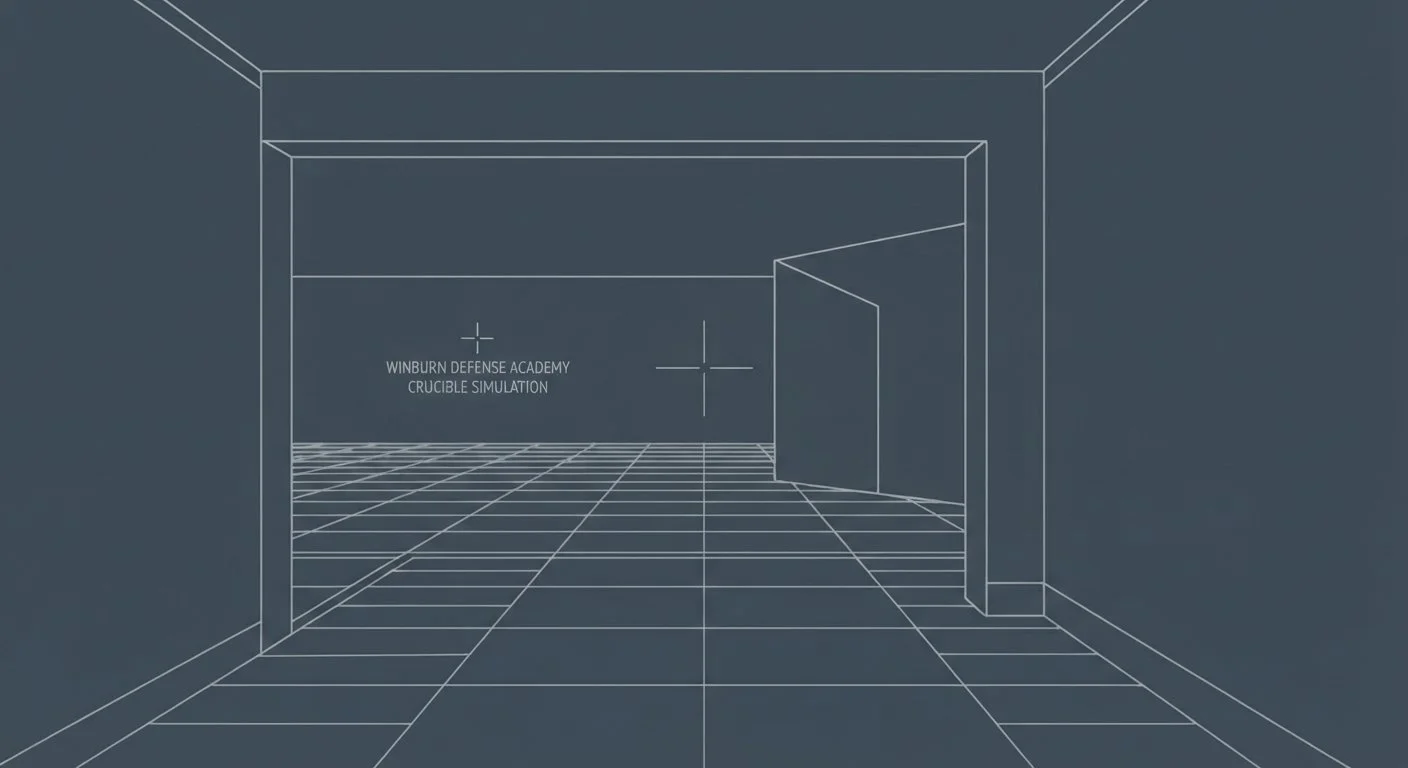 Computer-generated wireframe of a room with a sign that says "Winburn Defense Academy Crucible Simulation".