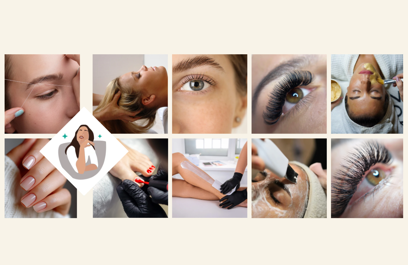 A collage of beauty treatments including eyelash extensions, facial massage, close-up of a face with eye makeup, manicure, waxing, and eyelash application at a spa or salon.