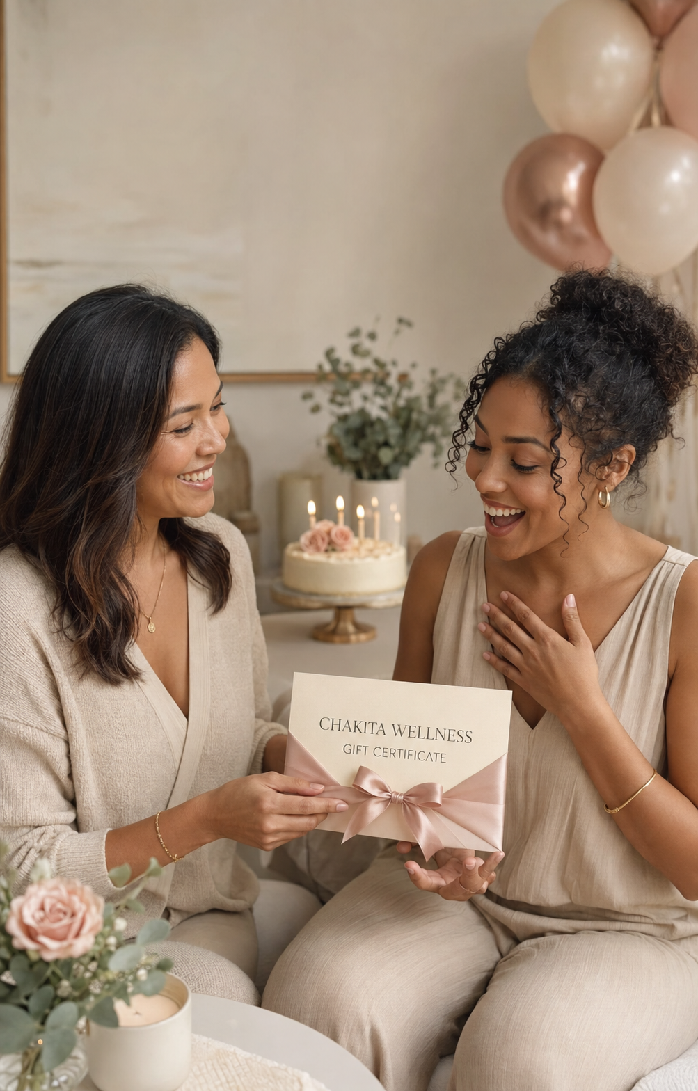 Two women celebrating, one giving the other a gift certificate labeled 'CHAKITA WELLNESS GIFT CERTIFICATE'. They are smiling, one woman appears surprised, in a cozy room with flowers, balloons, and a cake with candles.