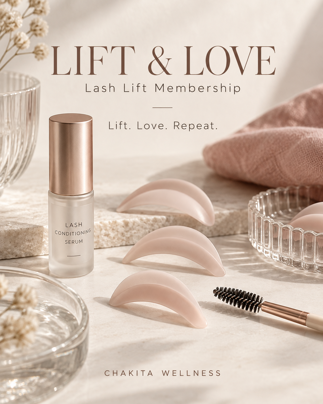 Promotion for Lash Lift Membership with Lash Conditioning Serum, featuring eyelash curlers, a pink cloth, and decorative glassware on a light-colored surface.