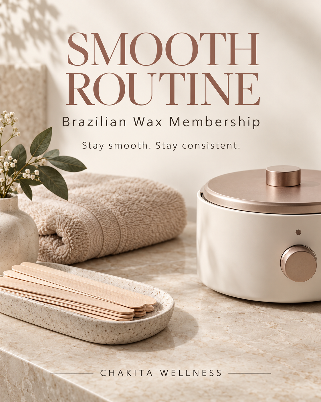 A promotional image for a Brazilian wax membership titled 'Smooth Routine' featuring a beige rolled towel, a white vase with greenery and small white flowers, a sand-colored soap dish with wooden spatulas, and a white device with a rose gold lid on a marble countertop. The background has a soft, neutral tone with natural lighting.