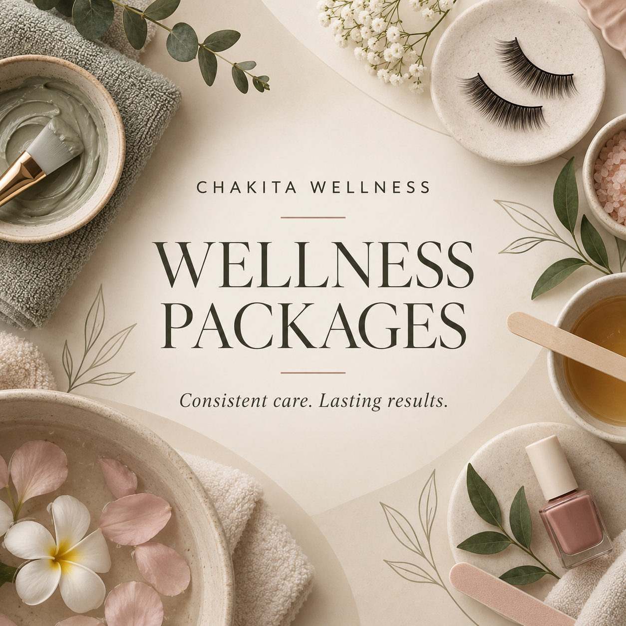 A flat lay of wellness and self-care items including a bowl of green mask, bath towel, eyelash extensions, flower petals, herbal tea, nail polish, and nail file, with text promoting wellness packages from Chakita Wellness.