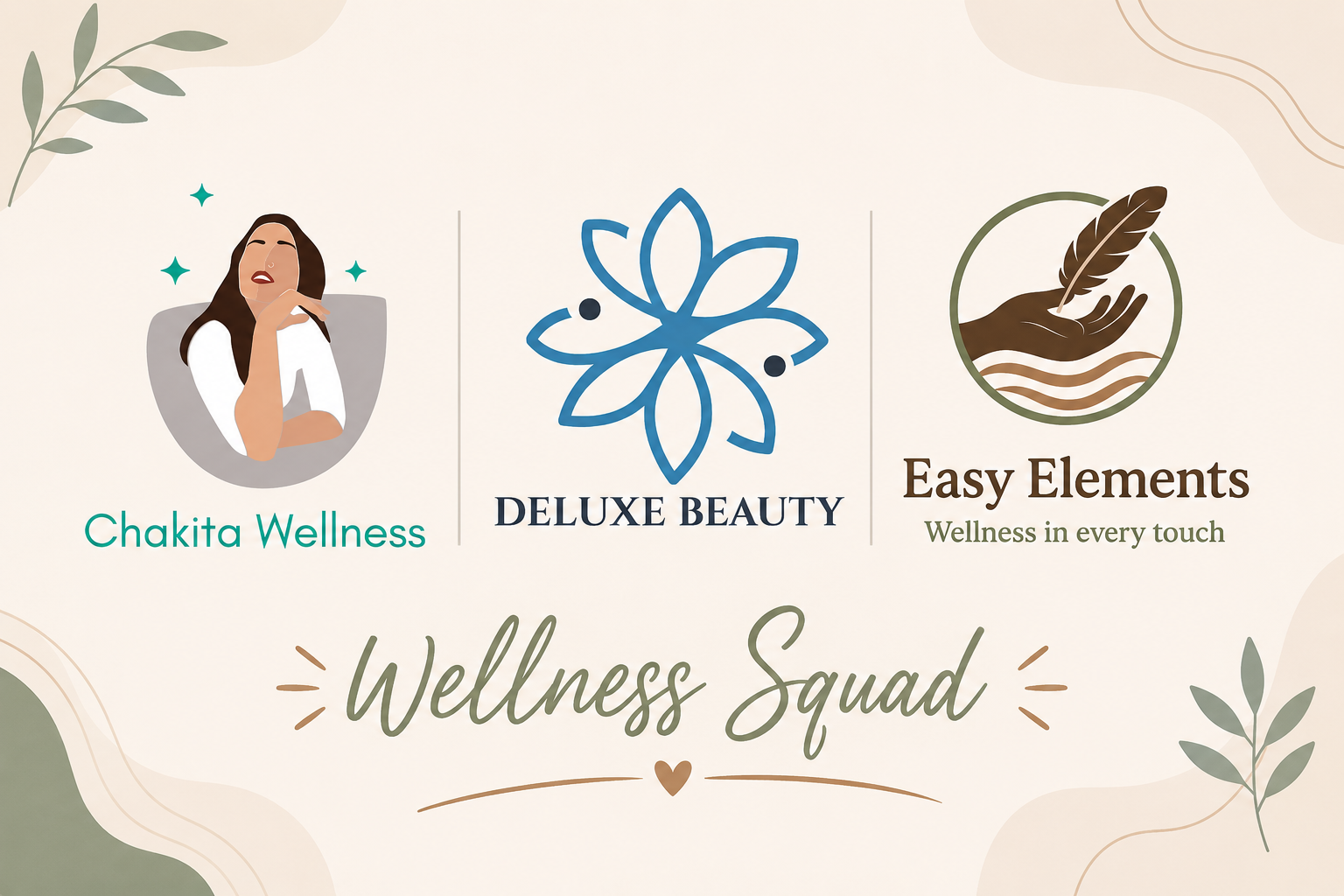 Logo design with three parts: left side features a woman with long dark hair and a white top, with turquoise stars around her, labeled 'Chakita Wellness'; center part is a blue flower icon labeled 'Deluxe Beauty'; right side shows a hand holding a feather with wavy lines, labeled 'Easy Elements' and 'Wellness in every touch'; below is cursive text 'Wellness Squad' with a small heart and decorative lines, all on a beige background with abstract leaves.