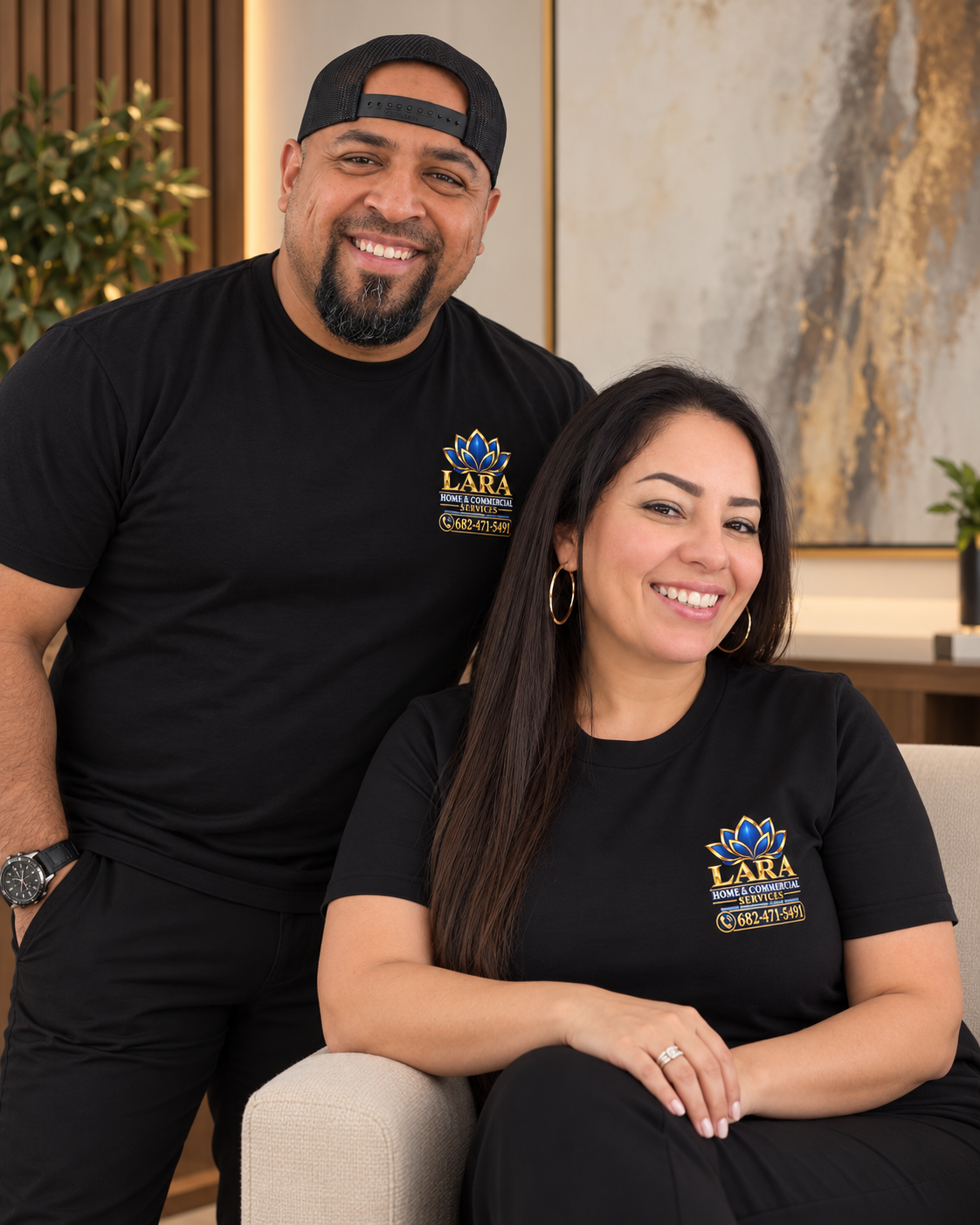 Owners of Lara Home & Commercial Services in Fort Worth, TX, wearing branded company shirts.