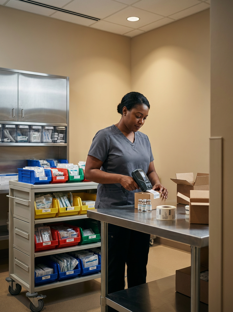 A female healthcare worker in grey scrubs preparing medication in a medical supply room, using a barcode scanner amid shelves of medical supplies and labeled bins.